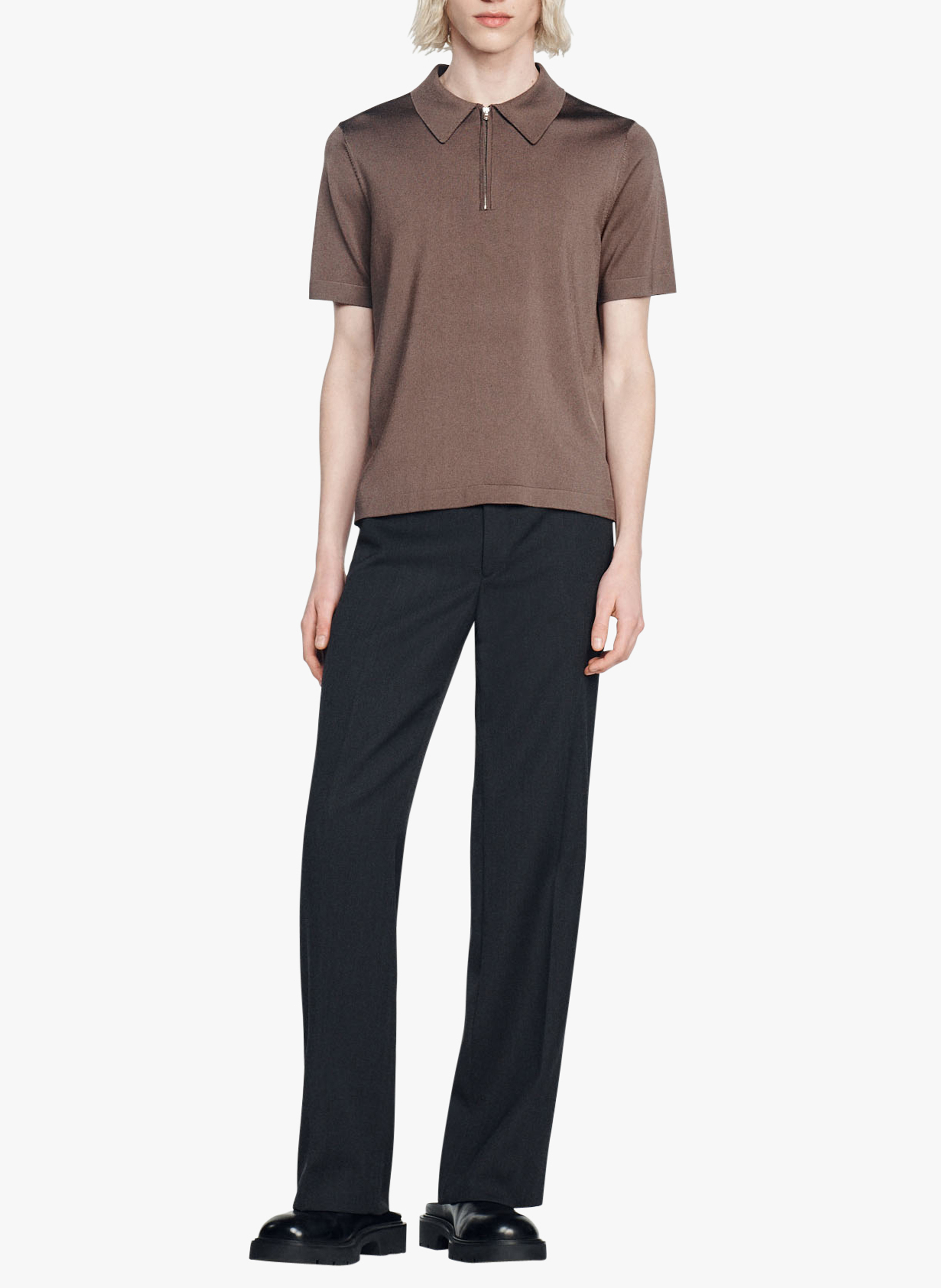 T-shirt manches courtes à col polo zippé SANDRO Beige