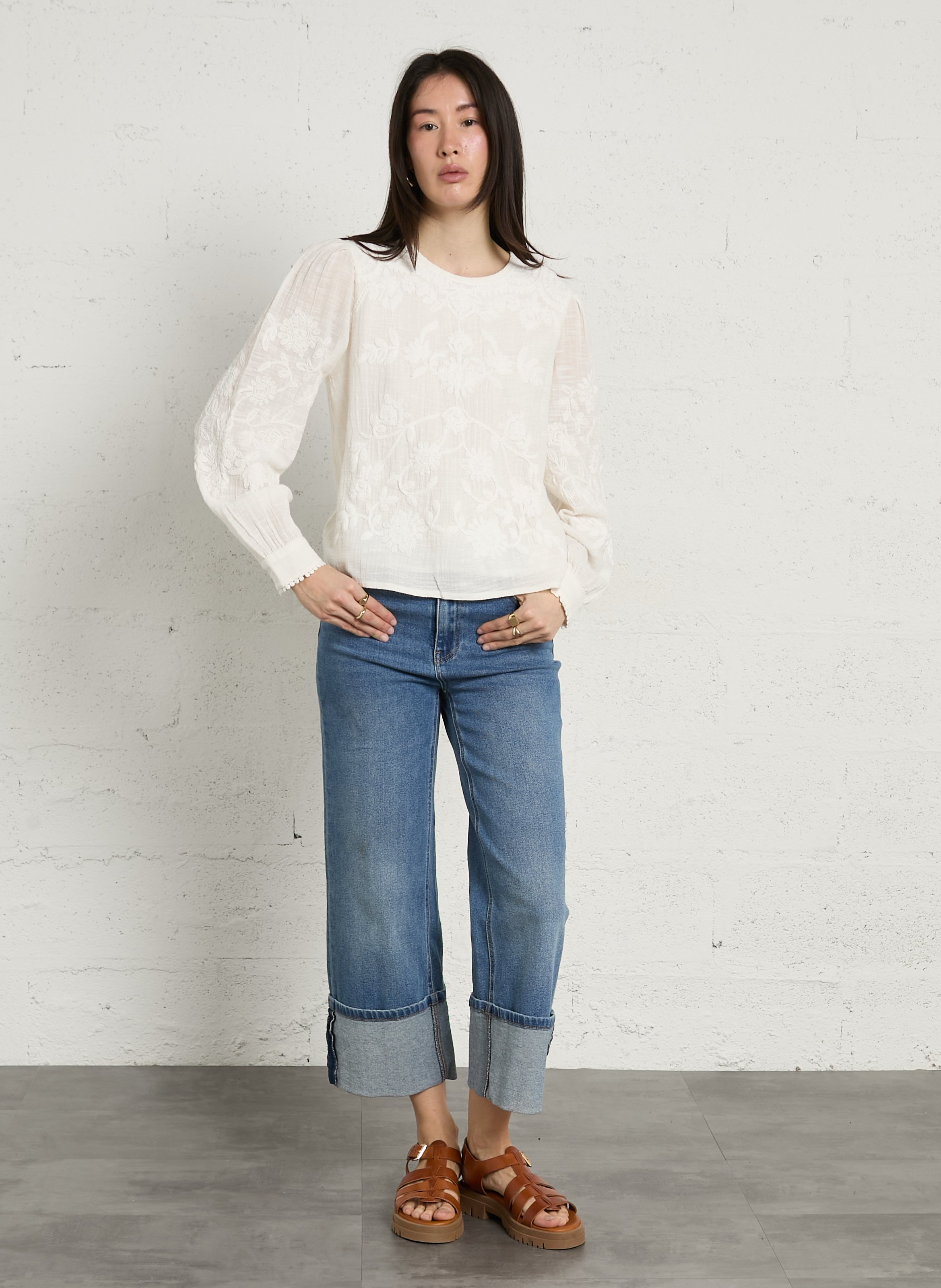 Top brodé en coton col rond debby MAISON 123 Blanc