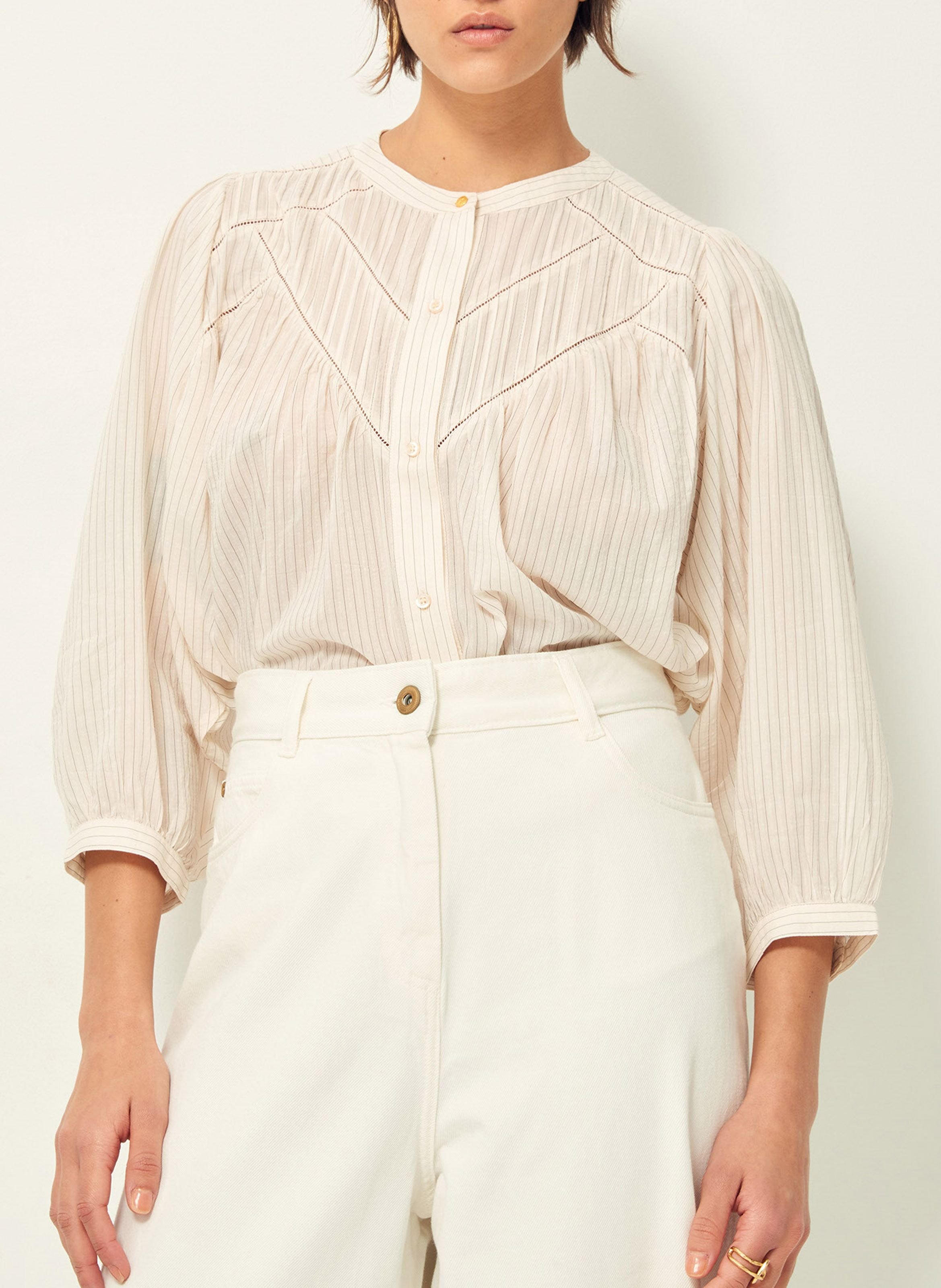 SESSUN Chemise ample col mao en coton mélangé savi Blanc