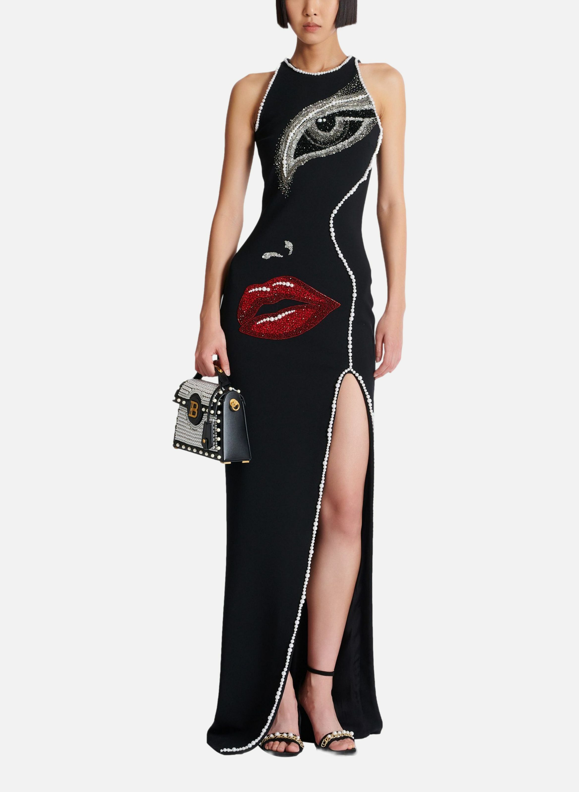 Robe longue brodée motif face BALMAIN Noir