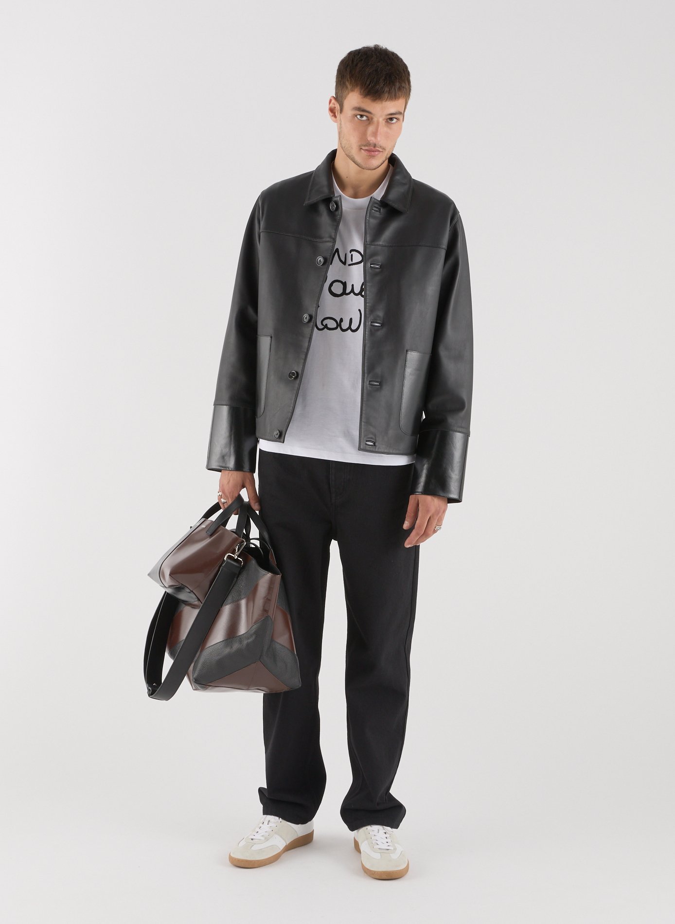 Blouson Saison 1865 x Cahu à col classique en cuir mélangé Noir