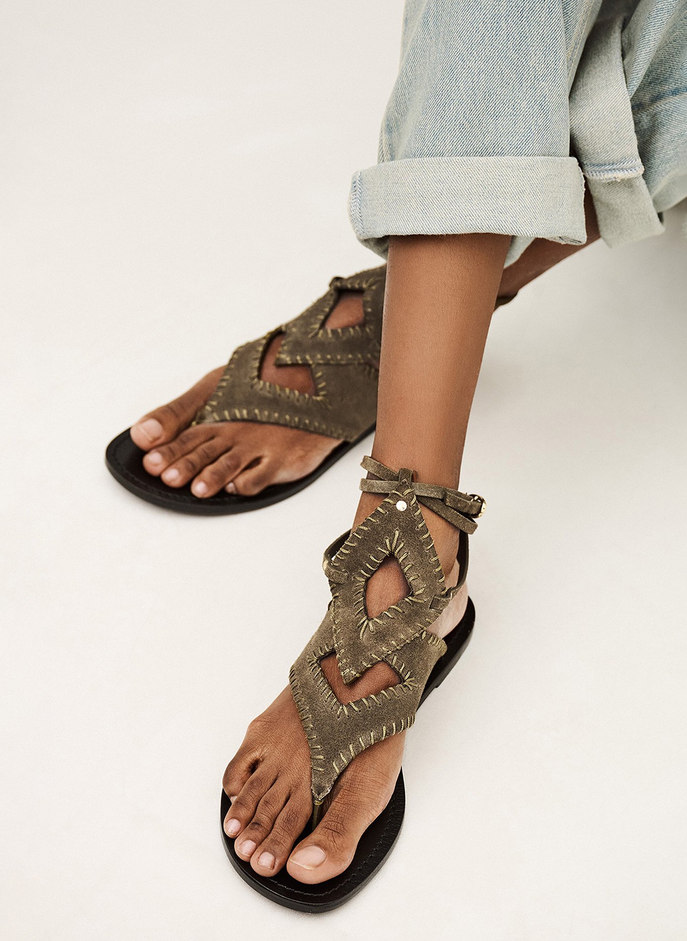 Sandales plates en cuir capri BA&SH Kaki