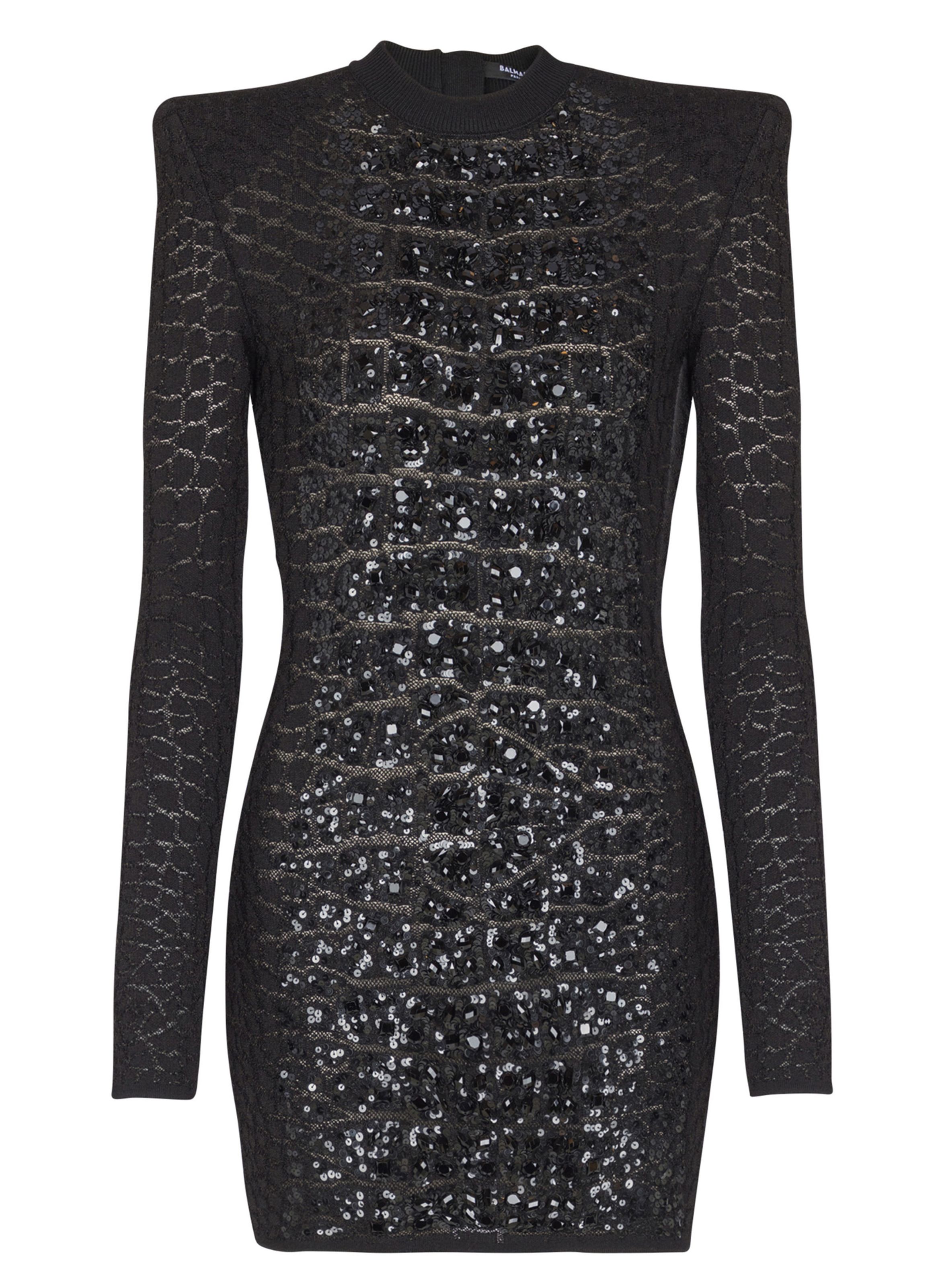 BALMAIN Robe courte en maille croco avec sequins Noir