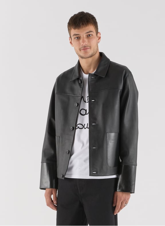 Blouson Saison 1865 x Cahu à col classique en cuir mélangé Noir by SAISON 1865 SAISON 1865 Blouson Saison 1865 x Cahu à col classique en cuir mélangé Noir