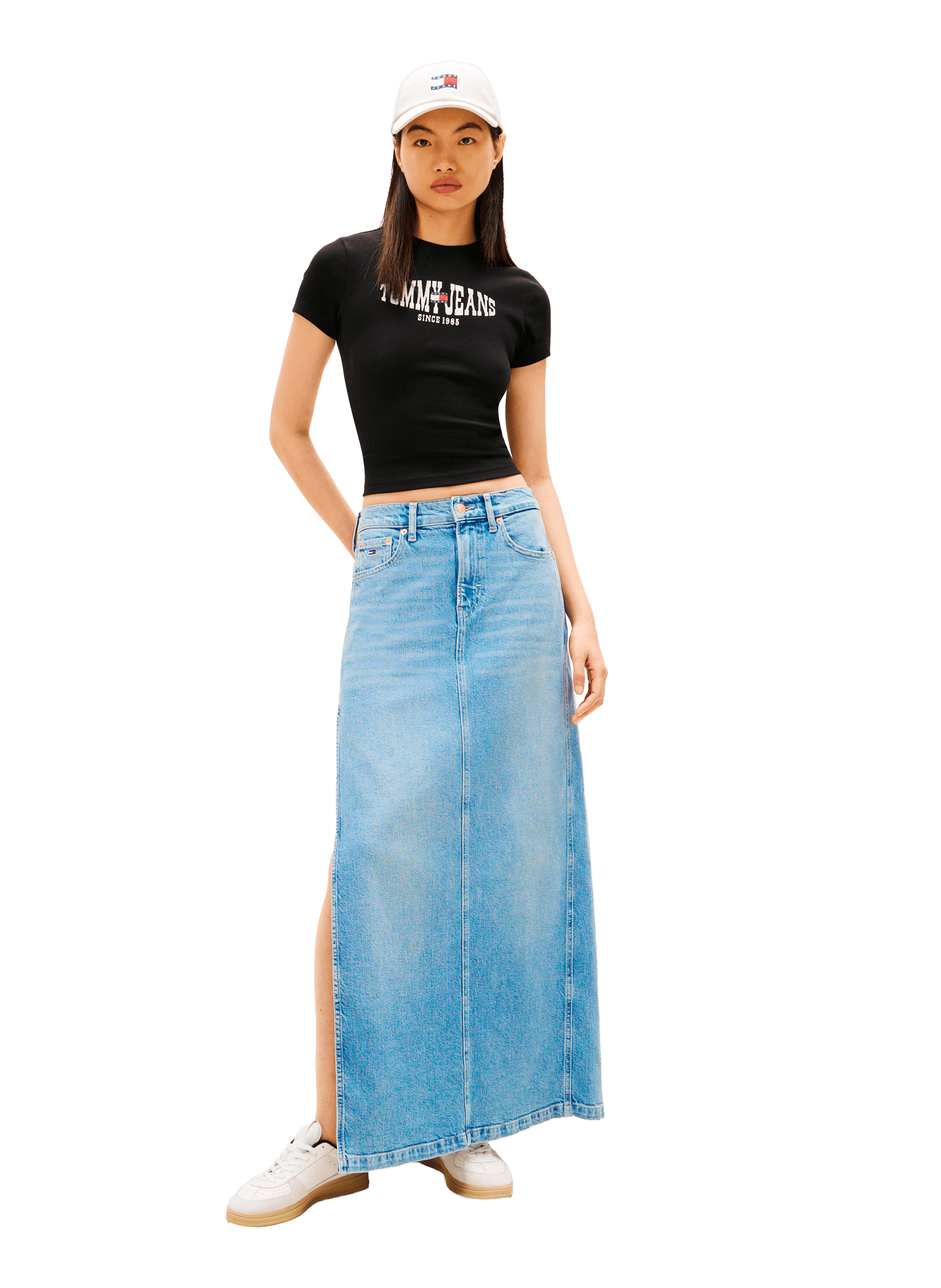 Jupe longe en denim de coton mélangé TOMMY HILFIGER Bleu