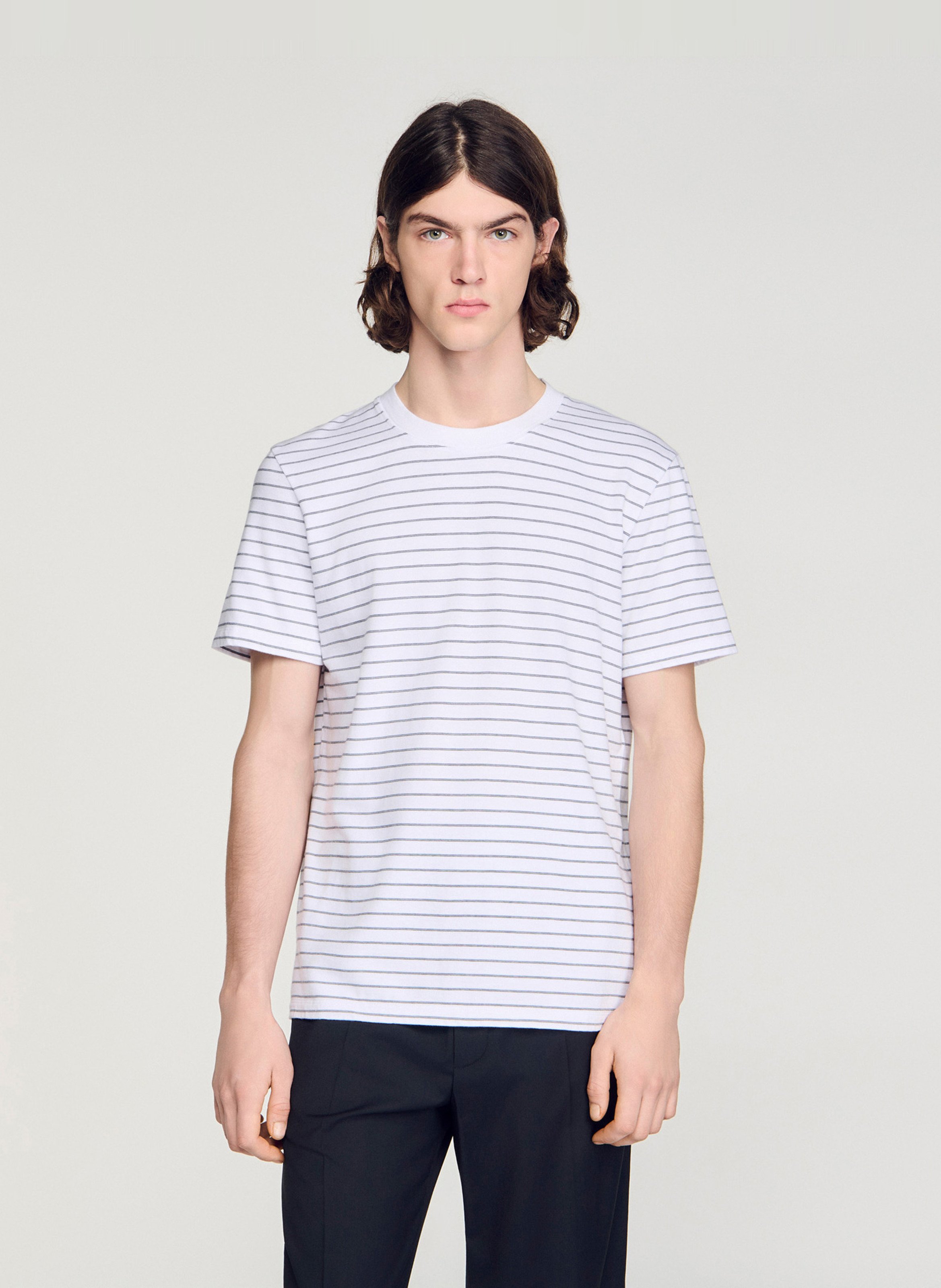 Tee-shirt col rond à rayures SANDRO Blanc