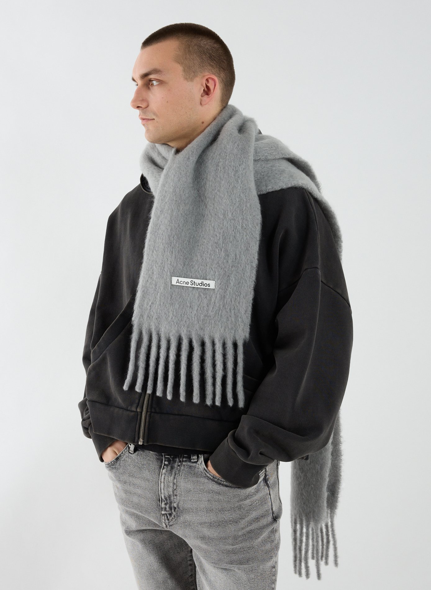 Echarpe frangée en mohair mélangé ACNE STUDIOS Gris