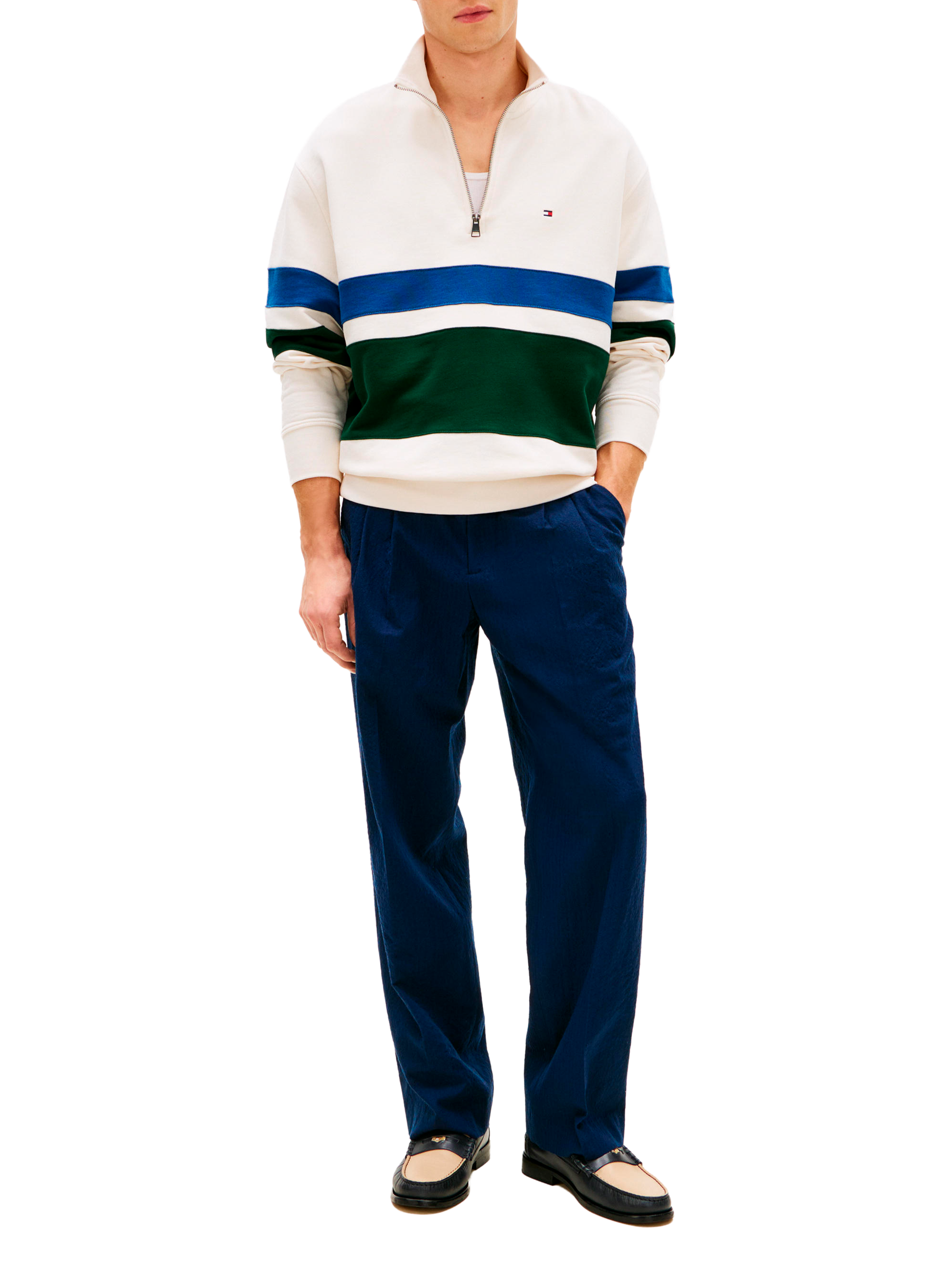 Sweat col zippé à rayures en coton TOMMY HILFIGER Beige