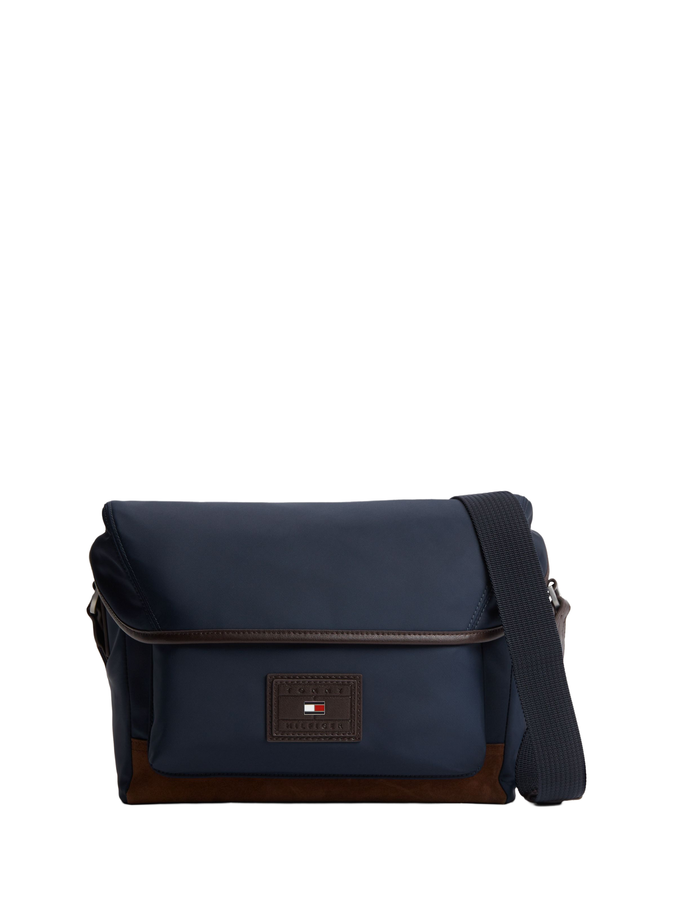 Solid messenger bag with logo patch in mixed leather TOMMY HILFIGER Blue