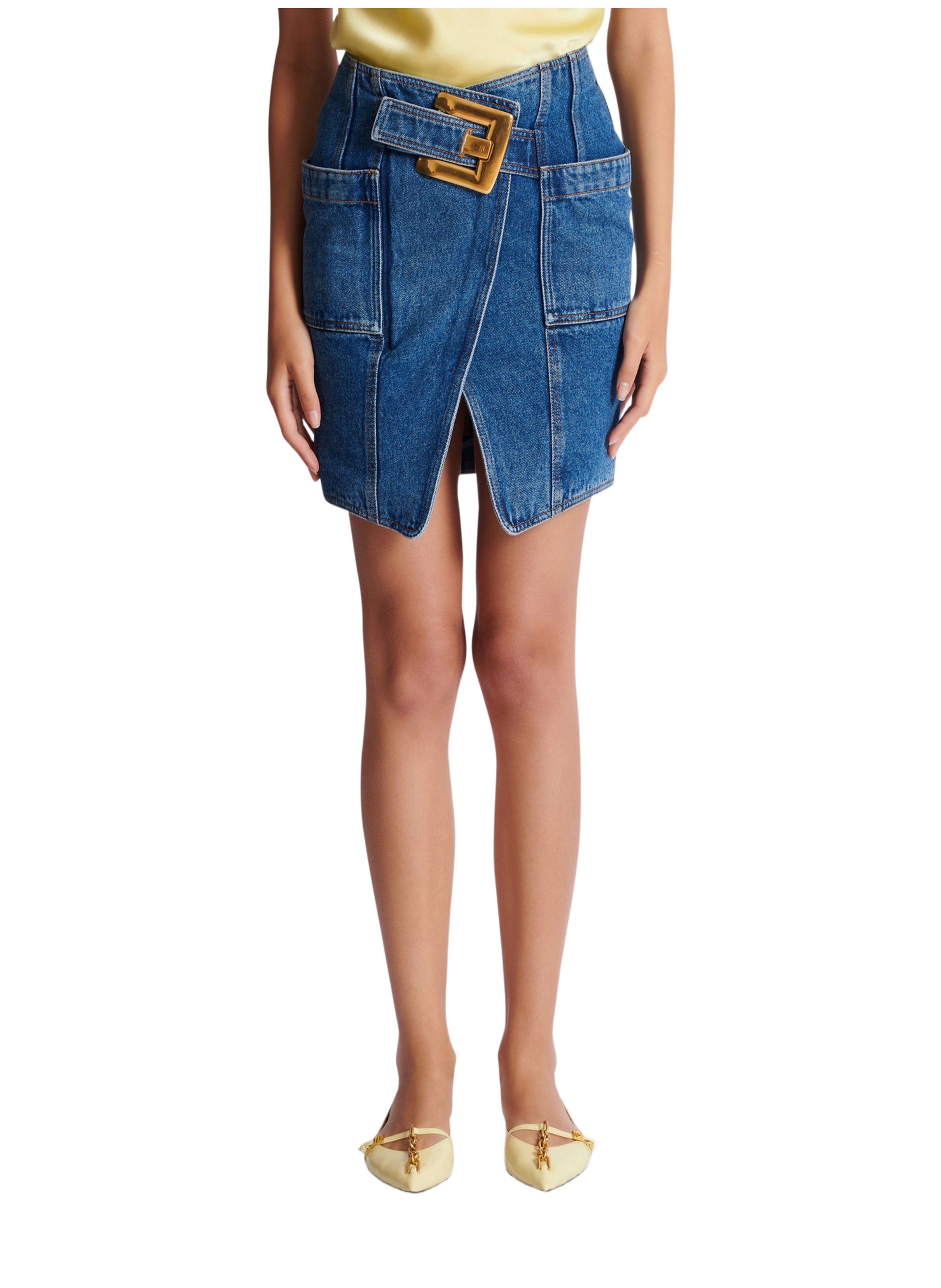 Jupe courte en denim avec ceinture BALMAIN Bleu