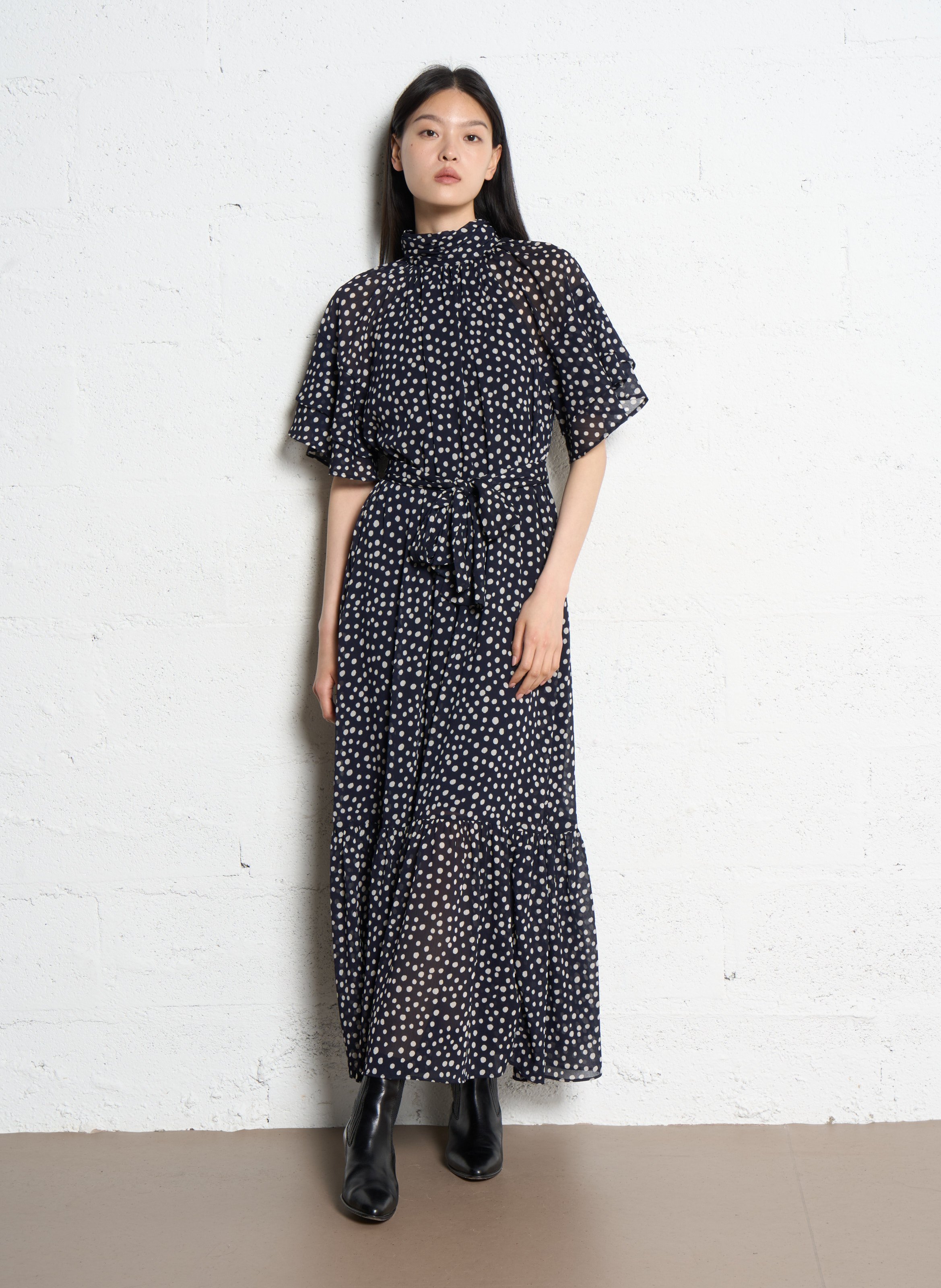 Robe longue col montant à pois IKKS Bleu