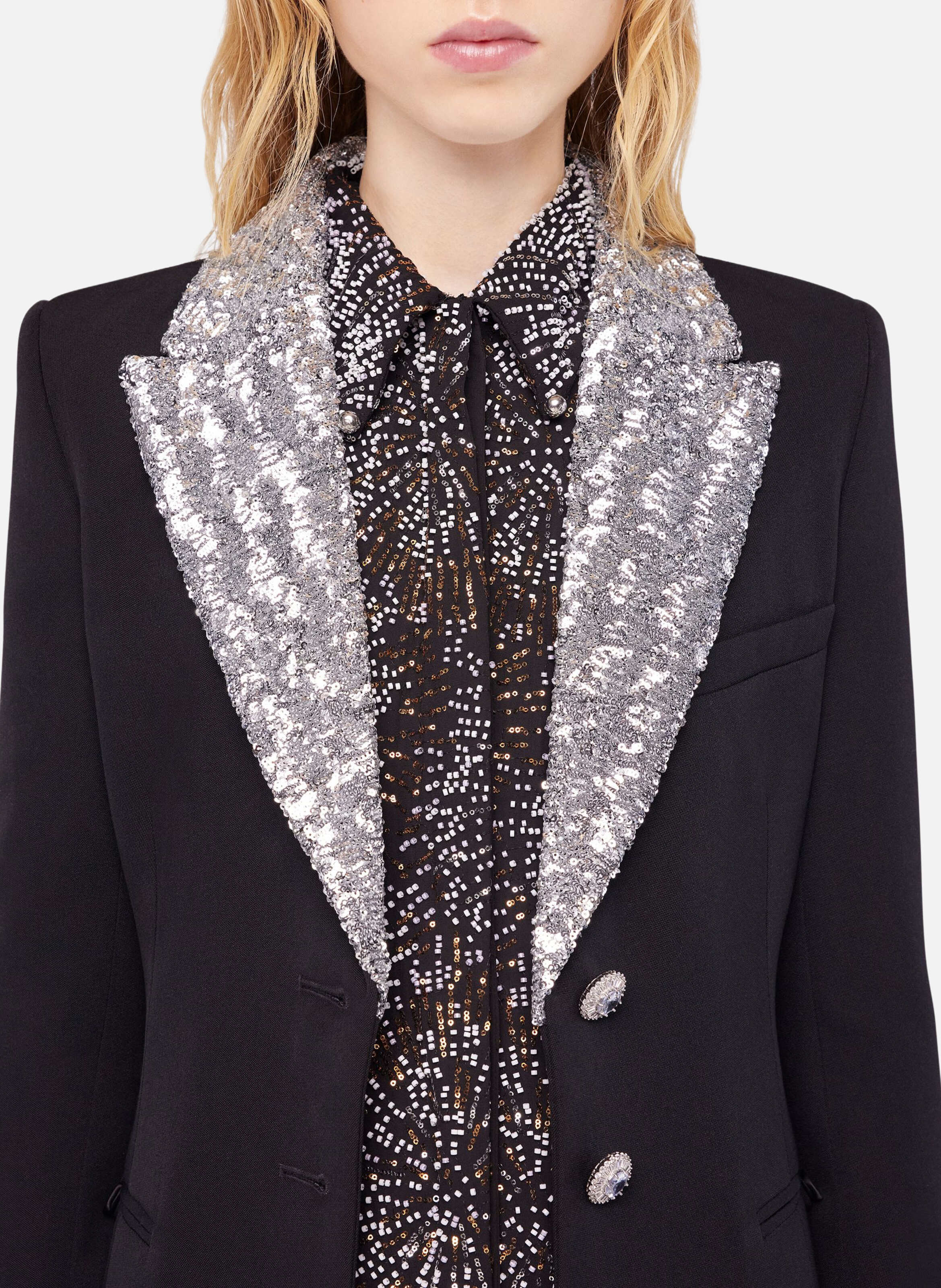 Manteau en laine avec col à sequins RABANNE Noir