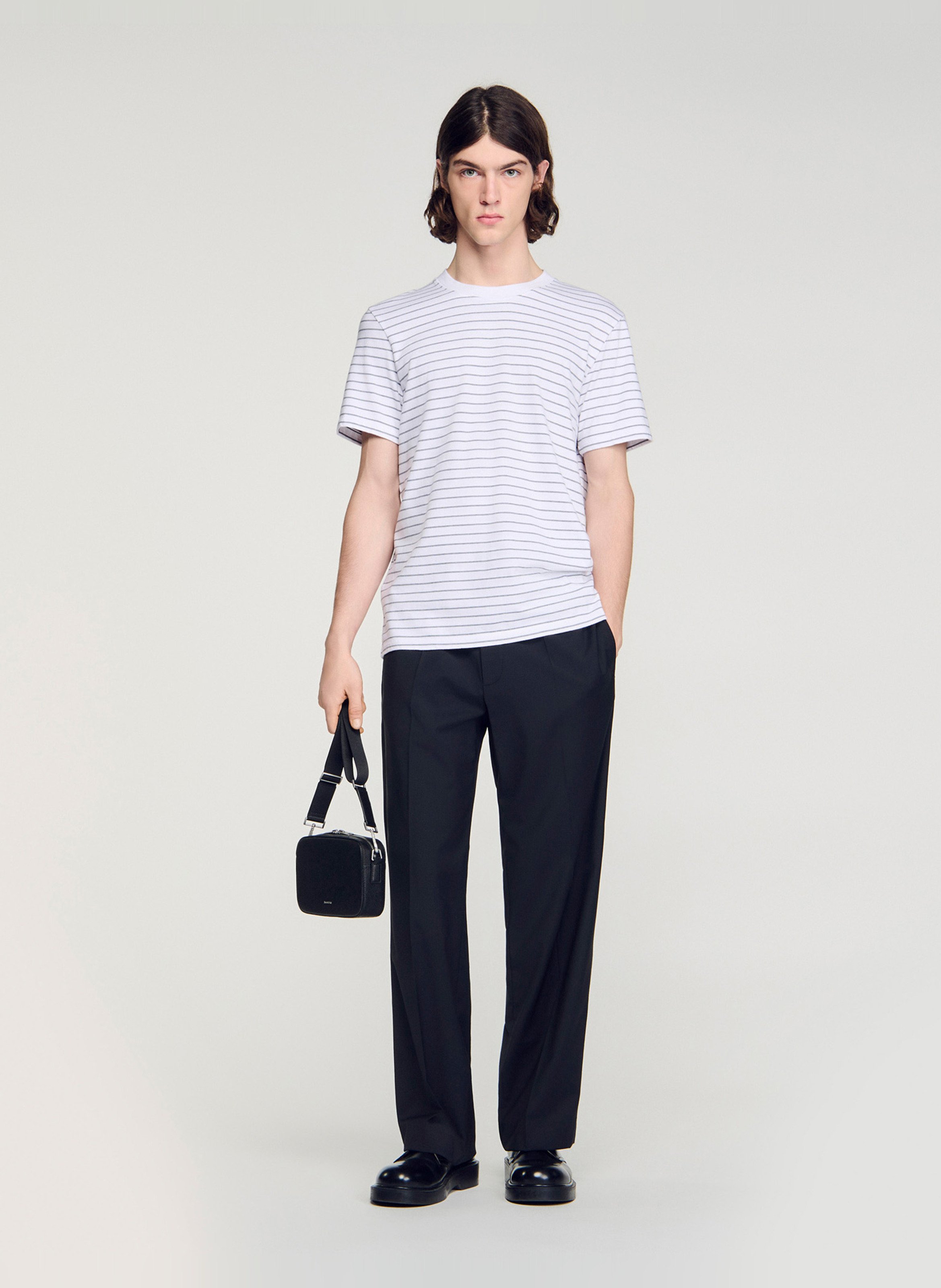 Tee-shirt col rond à rayures SANDRO Blanc