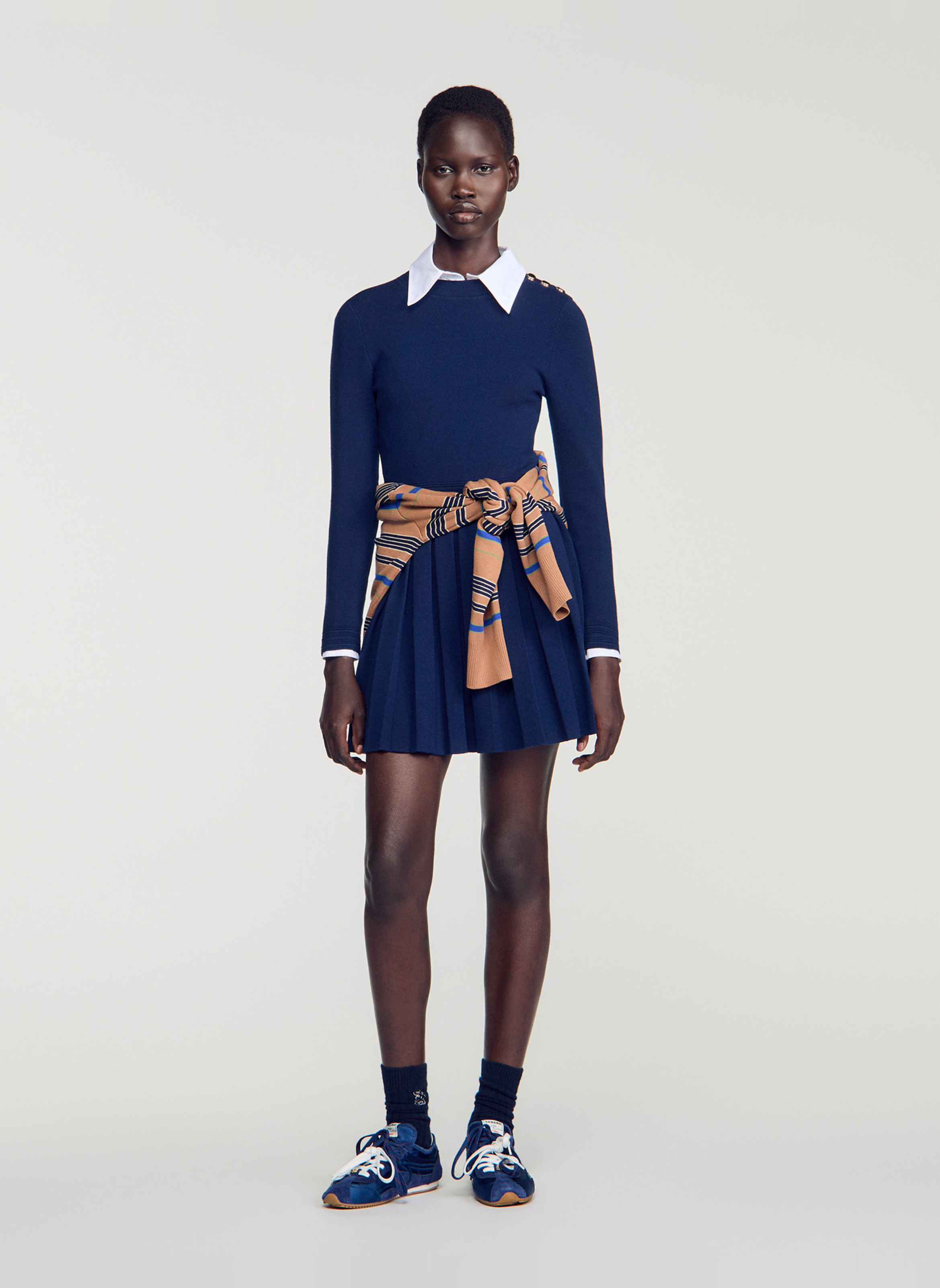 Robe courte col rond plissée SANDRO Bleu