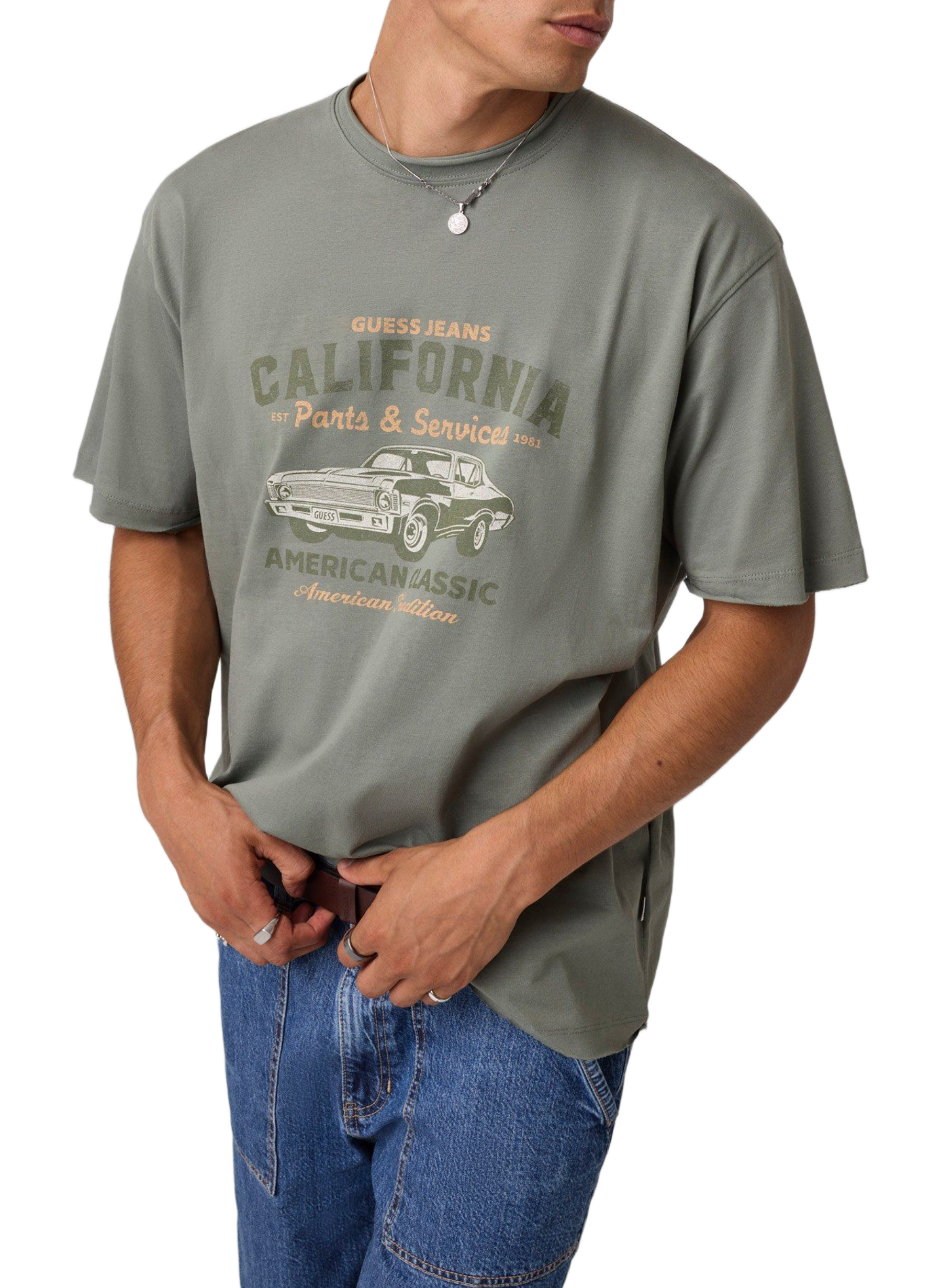 Straight fit round neck printed cotton T-shirt GUESS Green