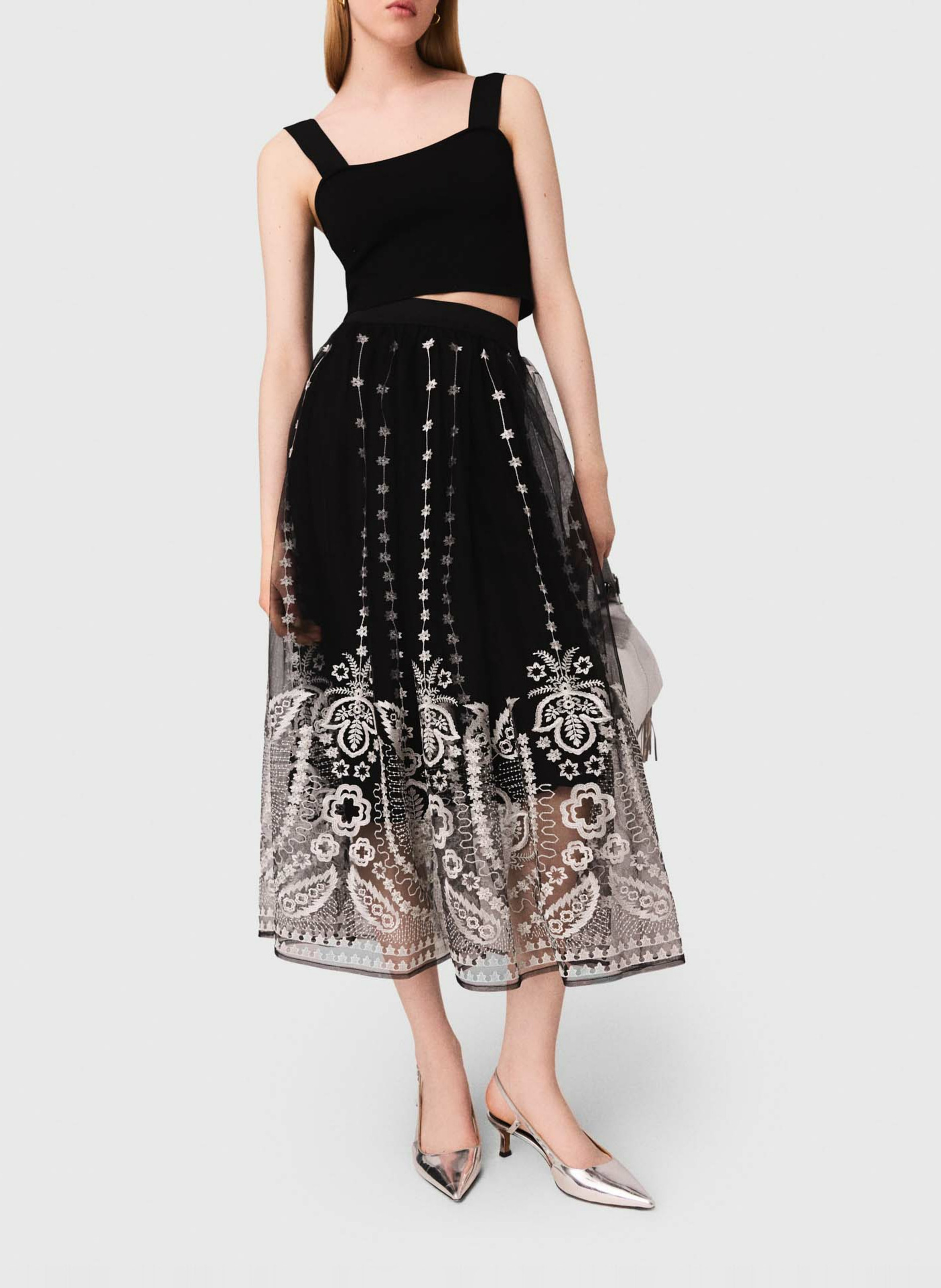 Jupe midi en tulle brodé MAJE Noir