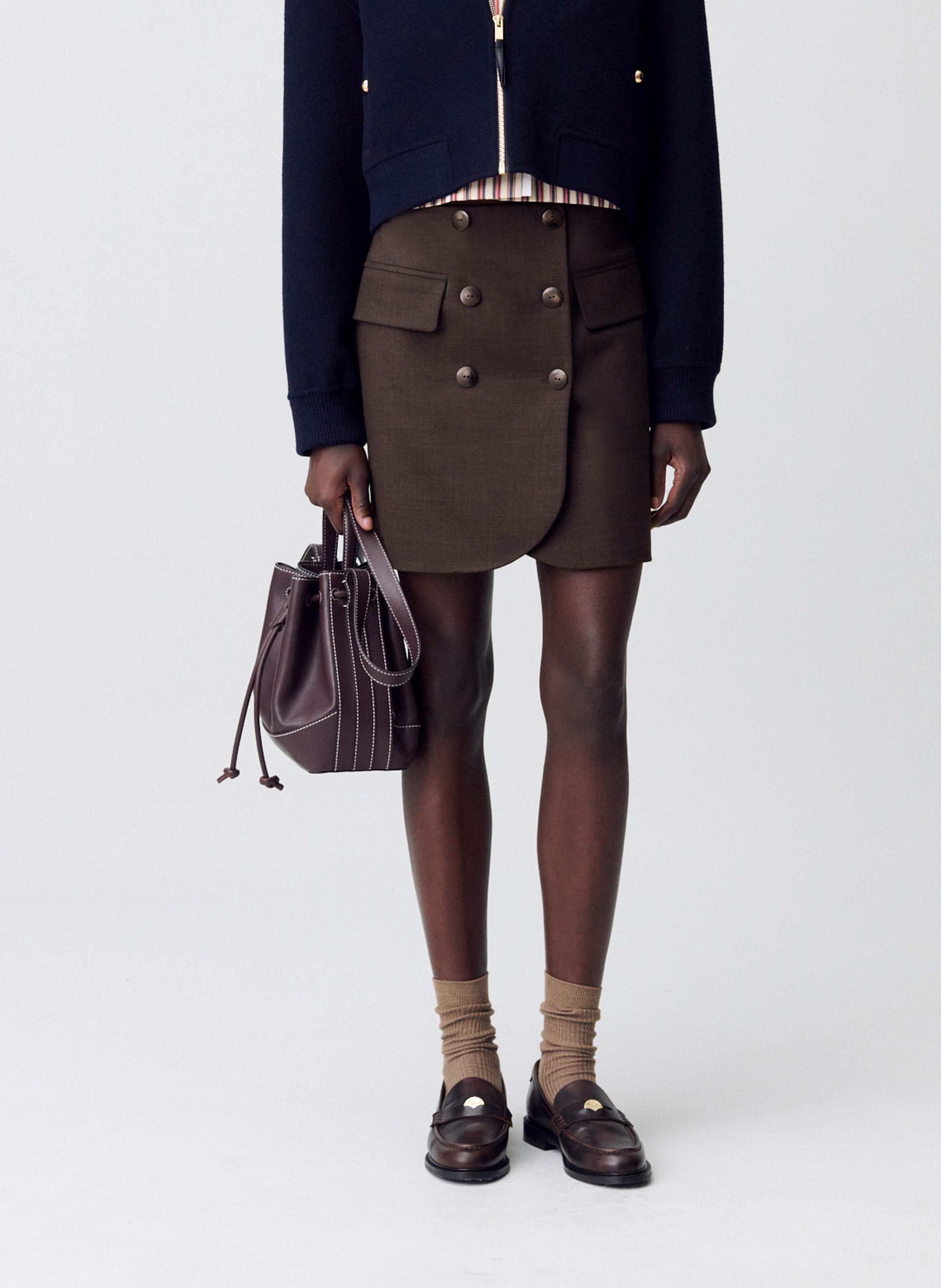 Jupe courte droite en laine mélangée sienna CLAUDIE PIERLOT Marron