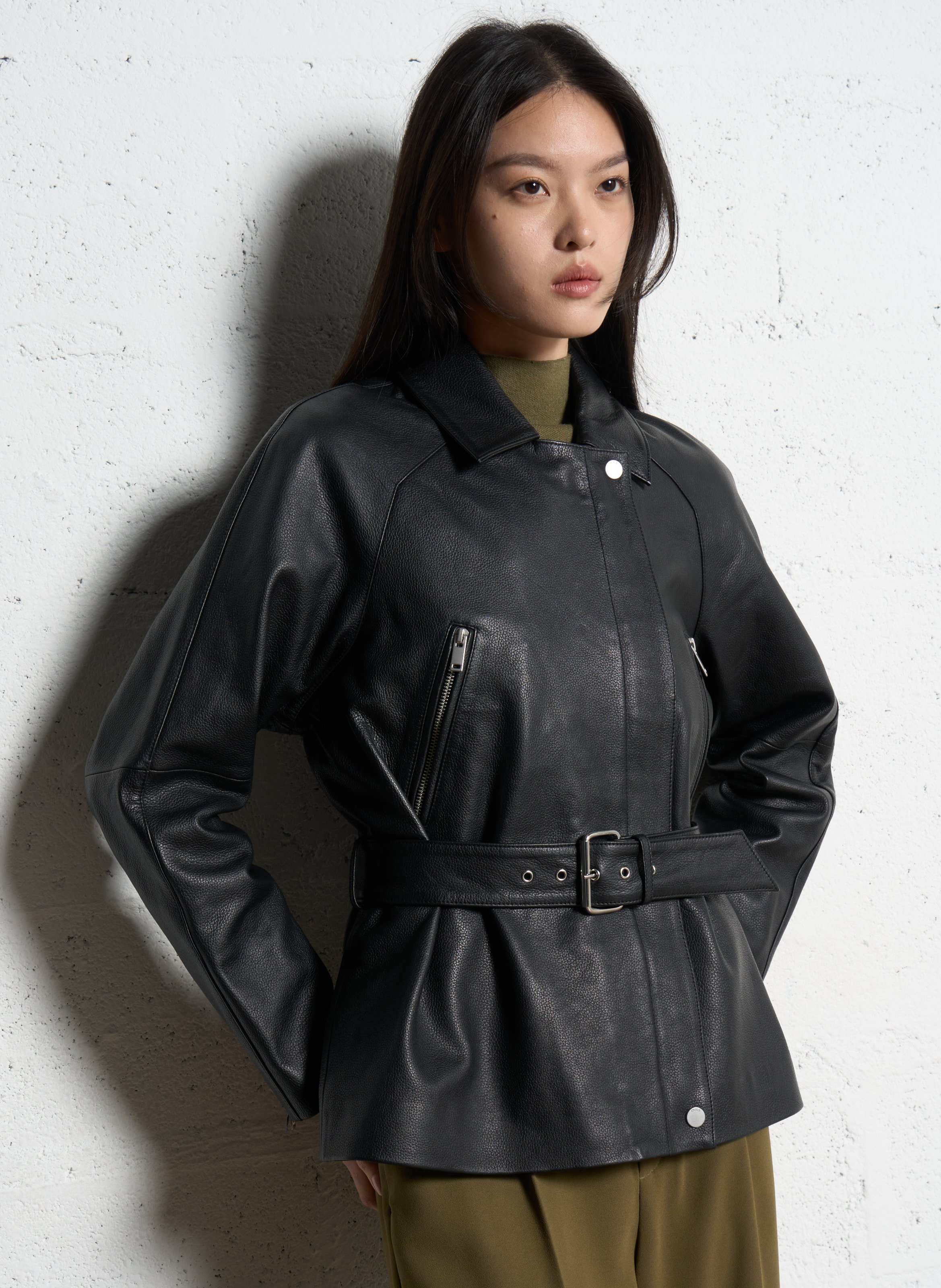 Blouson col tailleur en cuir IKKS Noir