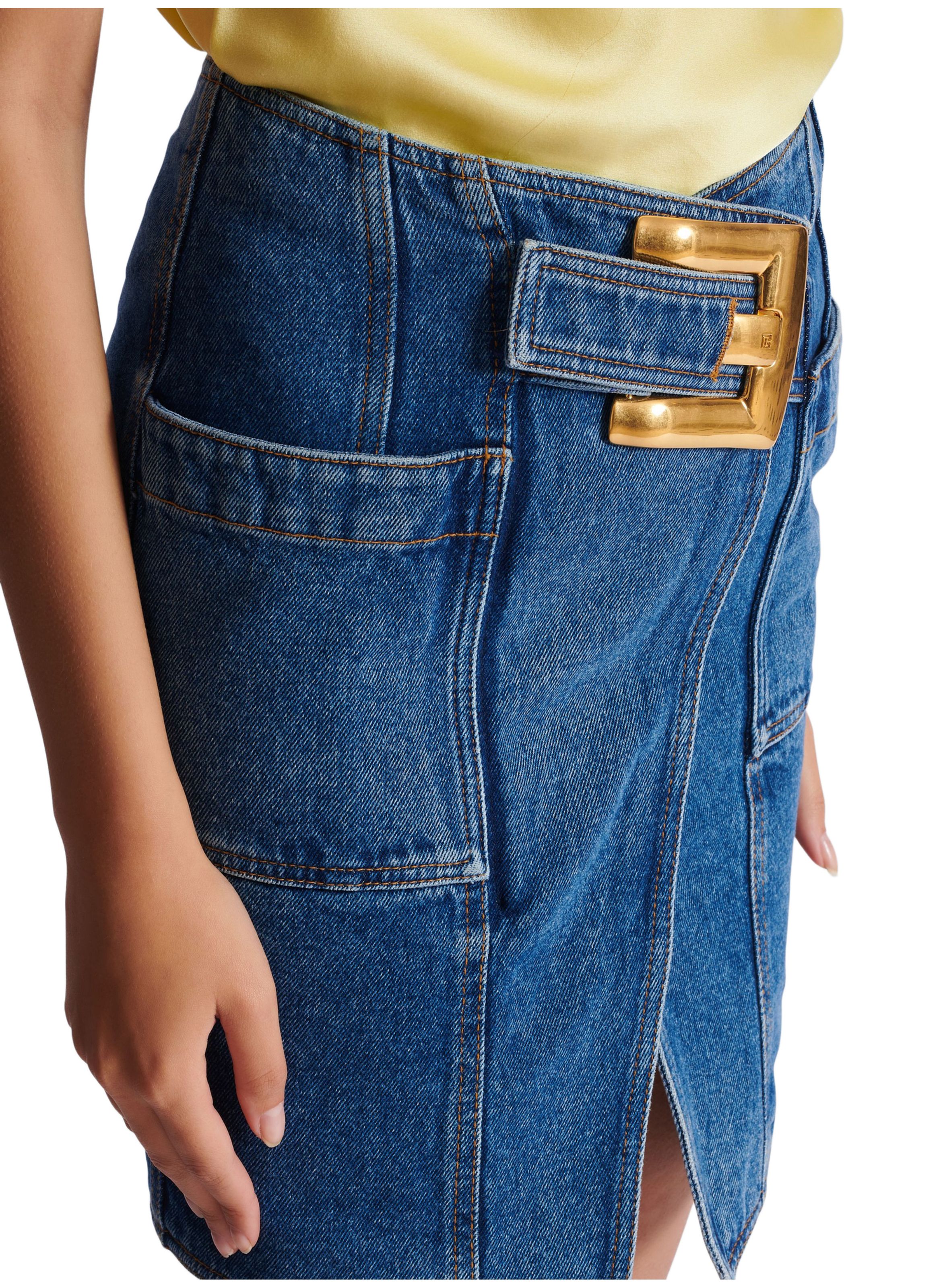 Jupe courte en denim avec ceinture BALMAIN Bleu