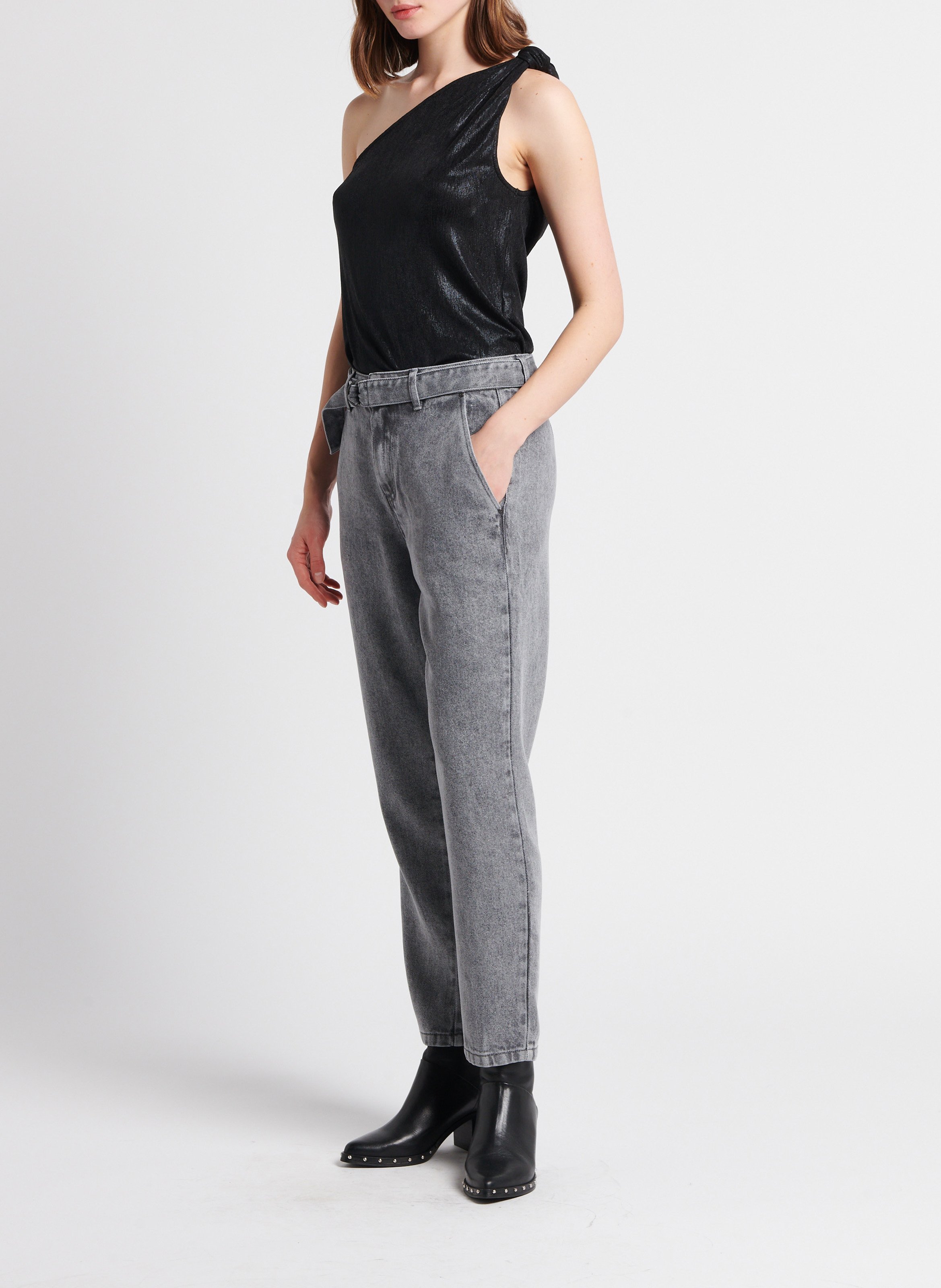 Jean baggy cropped taille haute délavé andrea IKKS Gris