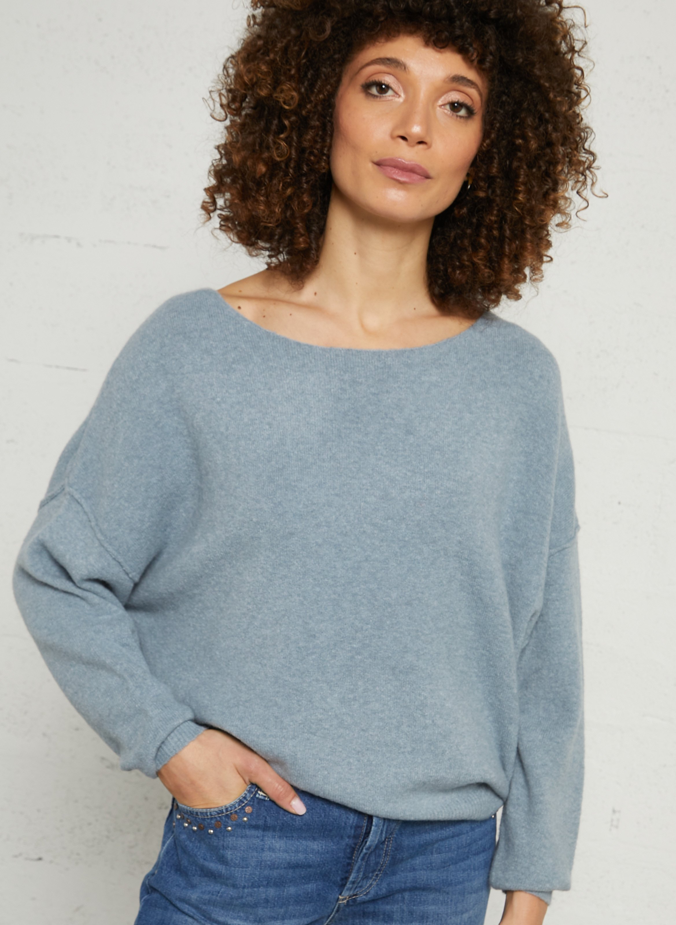 Pull ample à col bateau en maille duveteuse damsville AMERICAN VINTAGE Bleu