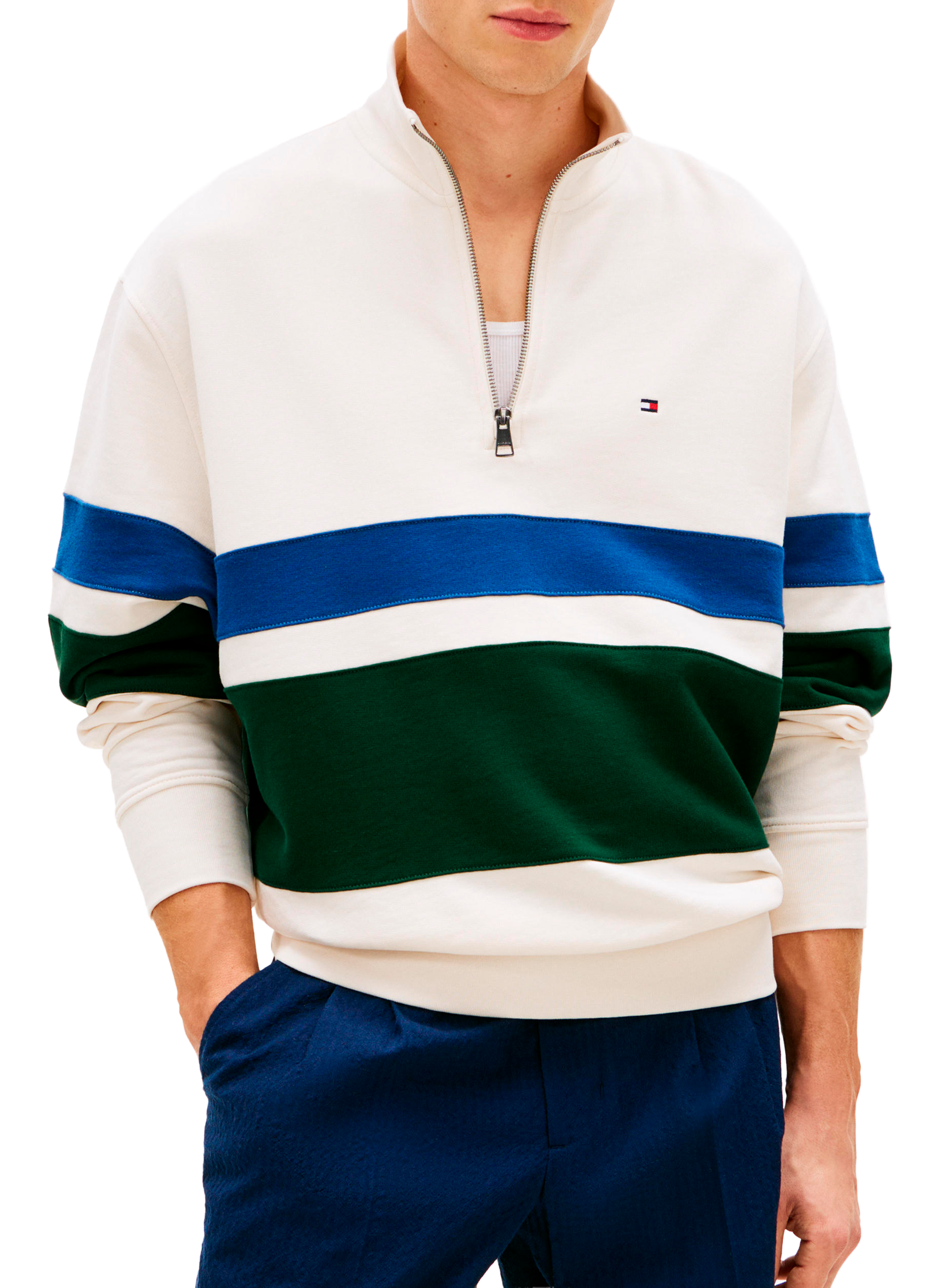 Sweat col zippé à rayures en coton TOMMY HILFIGER Beige