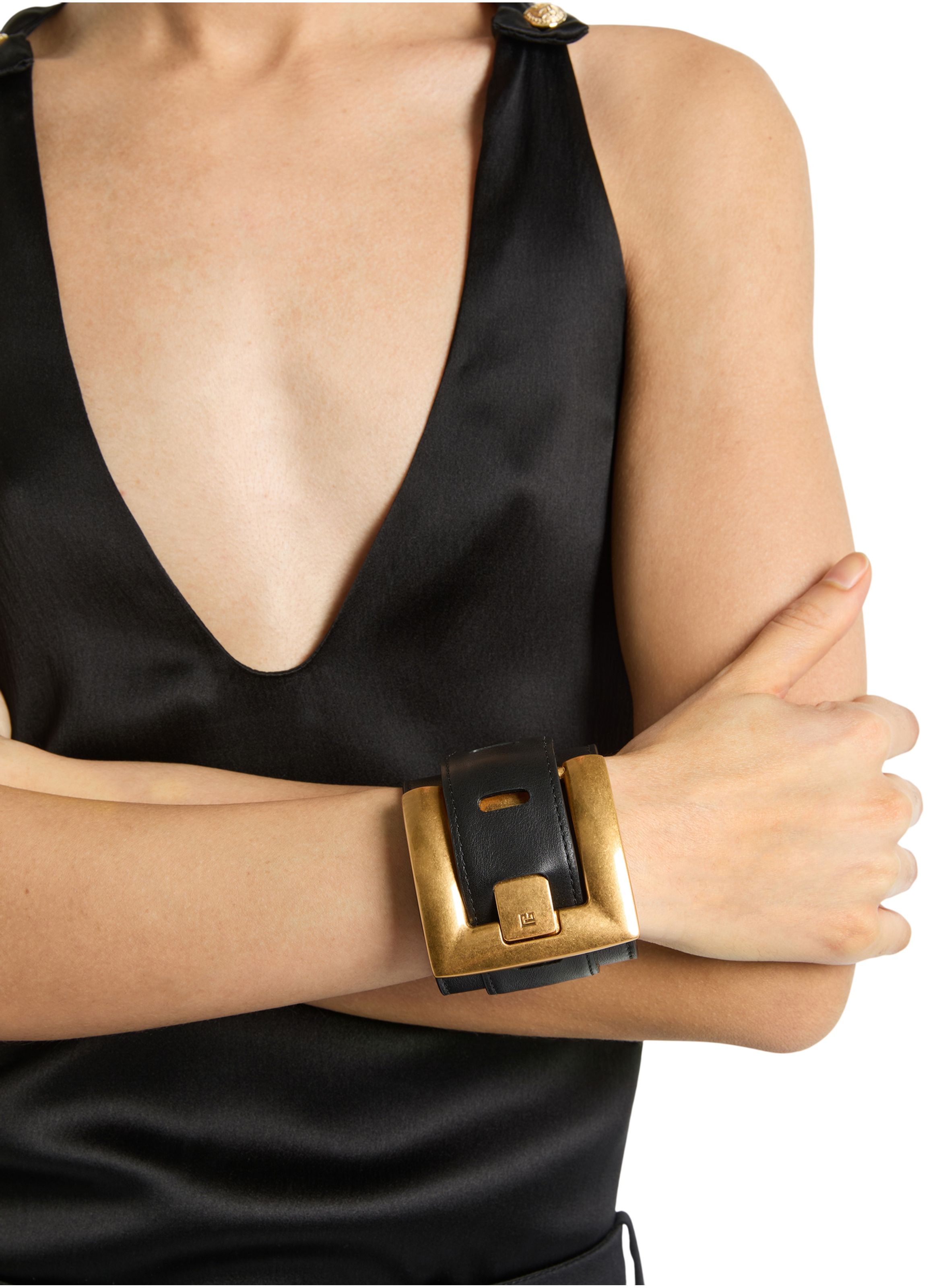 Bracelet anthem en cuir lisse BALMAIN Noir