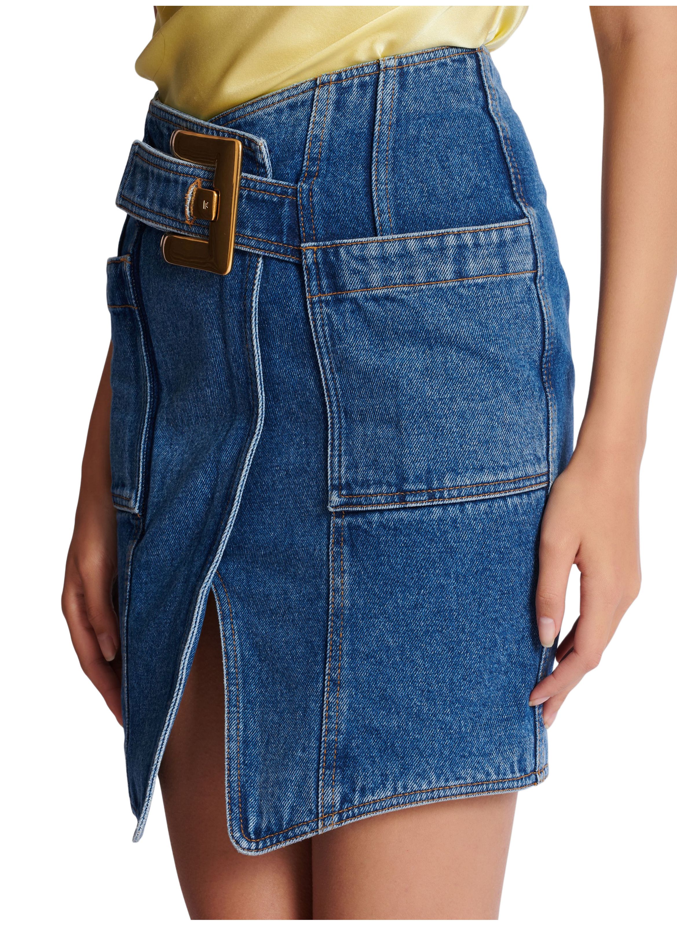 Jupe courte en denim avec ceinture BALMAIN Bleu