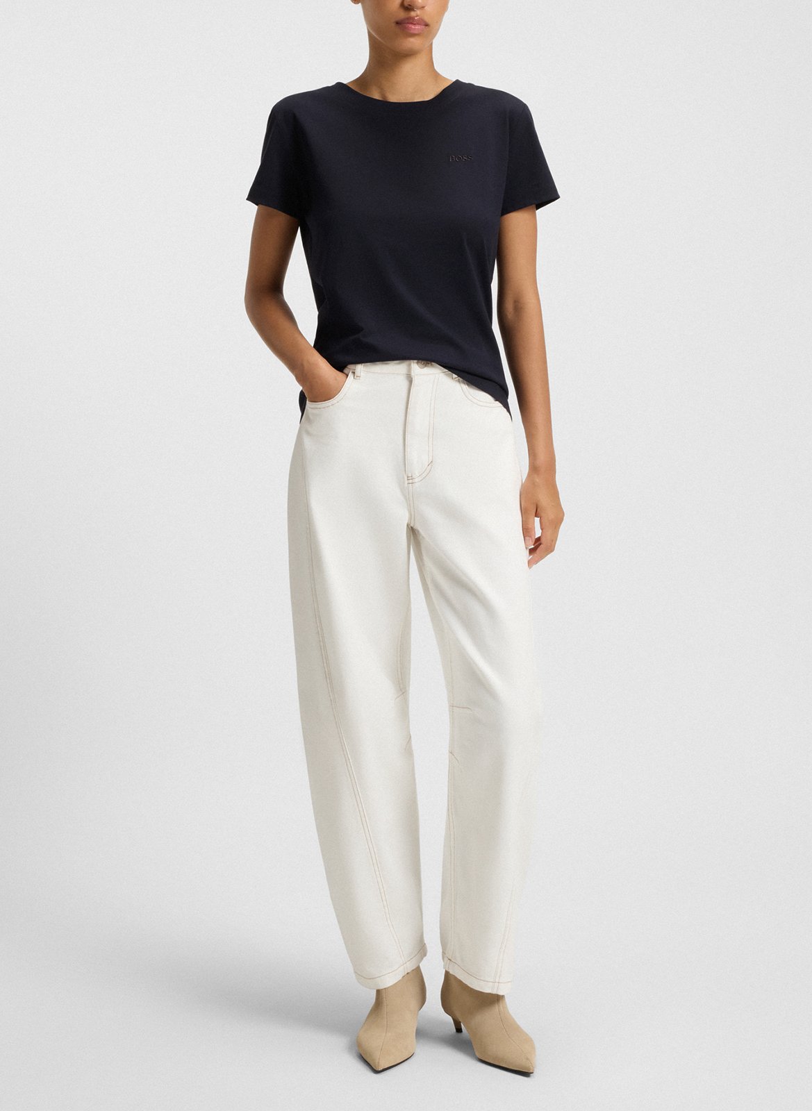 Tee-shirt droit col rond brodé en laine vierge BOSS Bleu