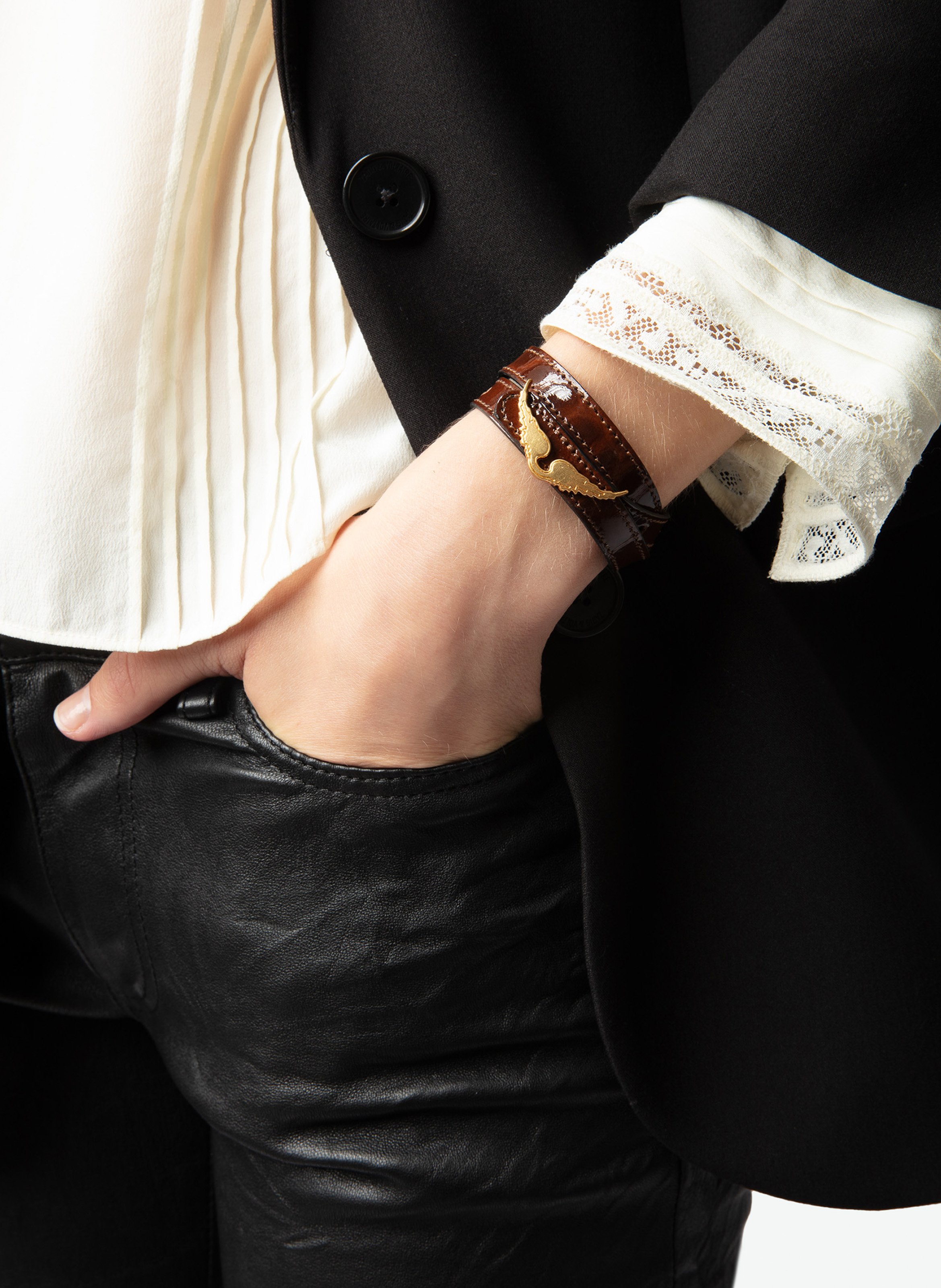 Bracelet cuir avec aile en métal rock ZADIG&VOLTAIRE Marron