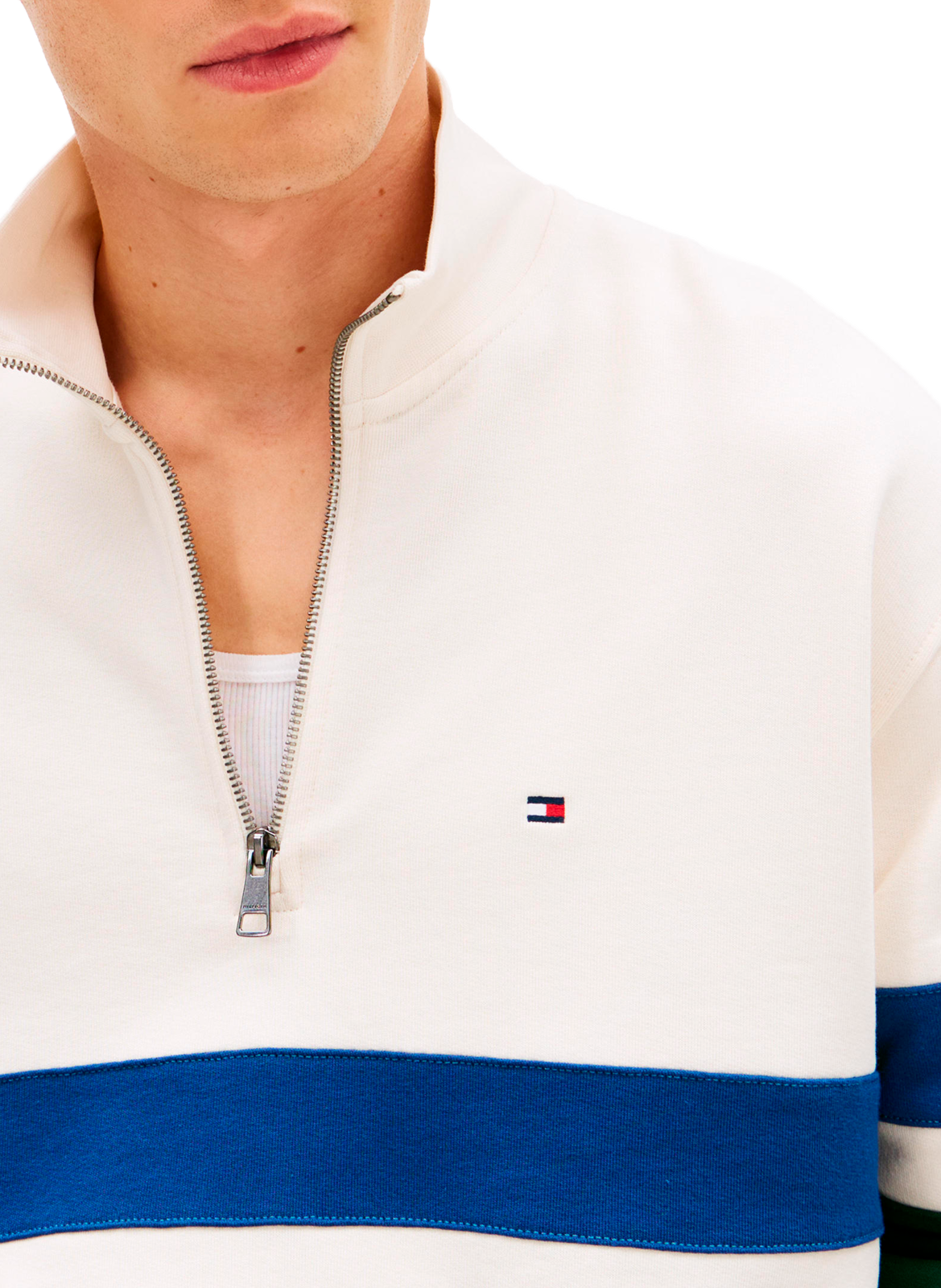 Sweat col zippé à rayures en coton TOMMY HILFIGER Beige