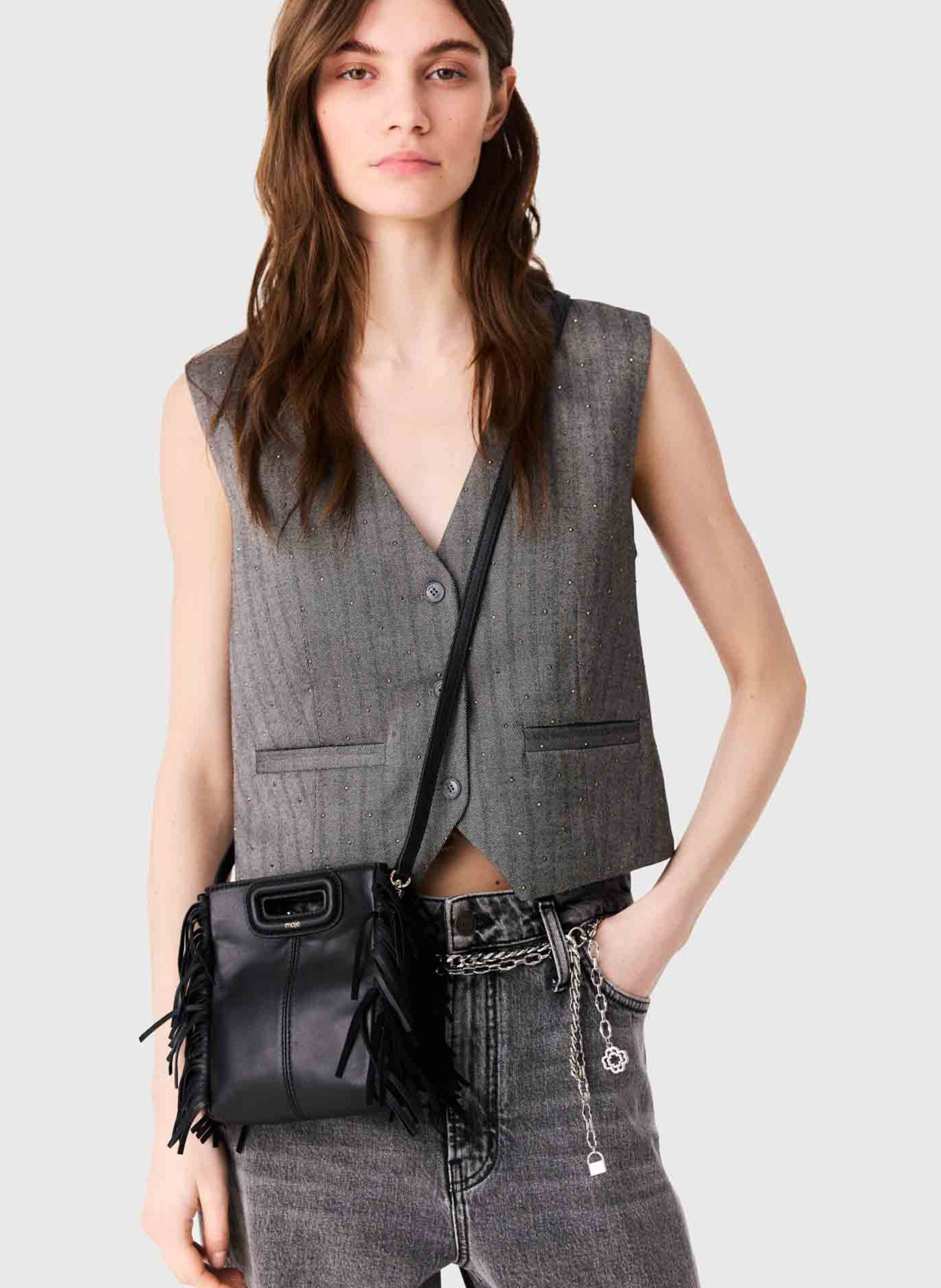 Petit sac bandoulière à franges en cuir m mini MAJE Noir