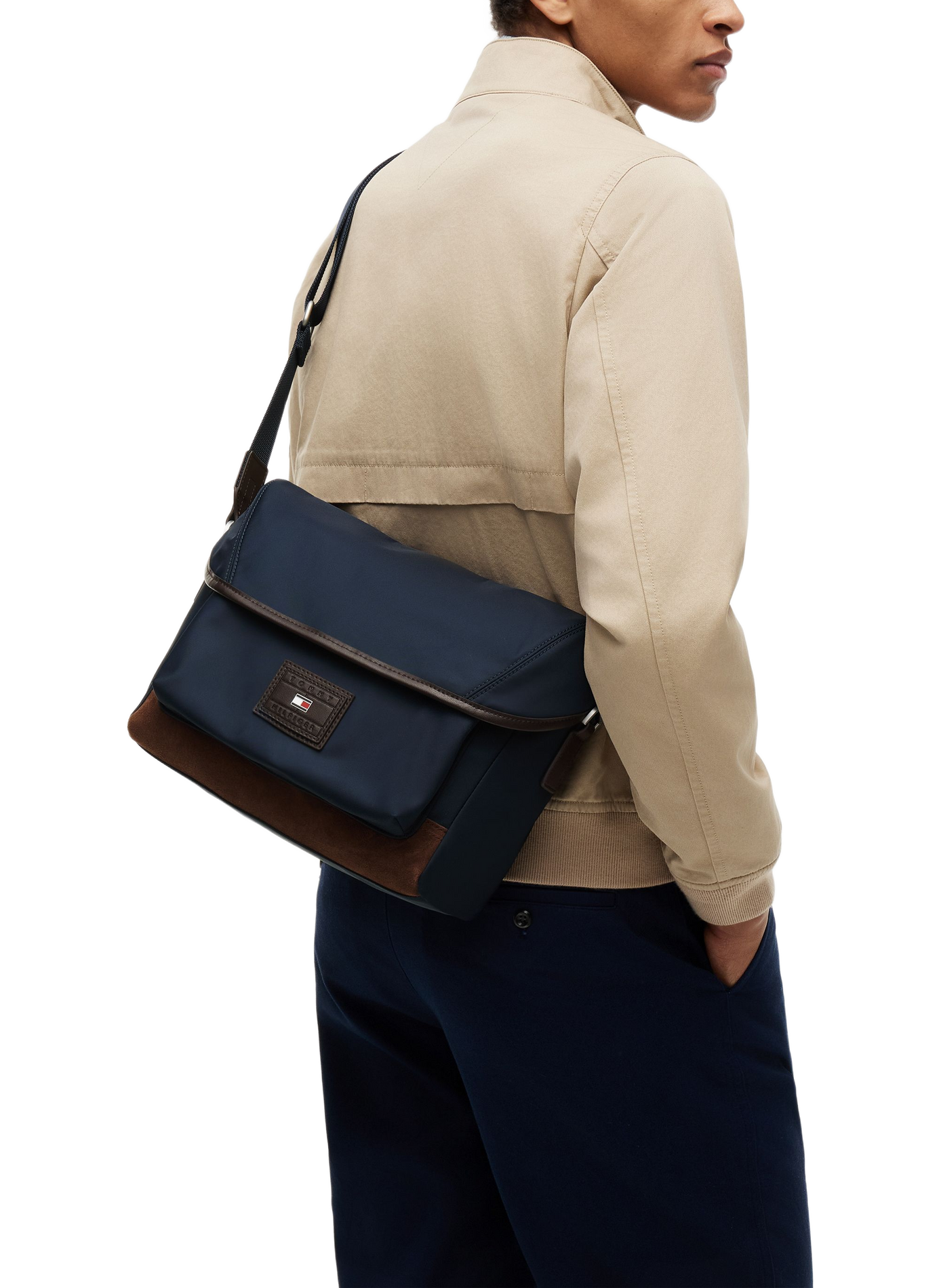 Solid messenger bag with logo patch in mixed leather TOMMY HILFIGER Blue