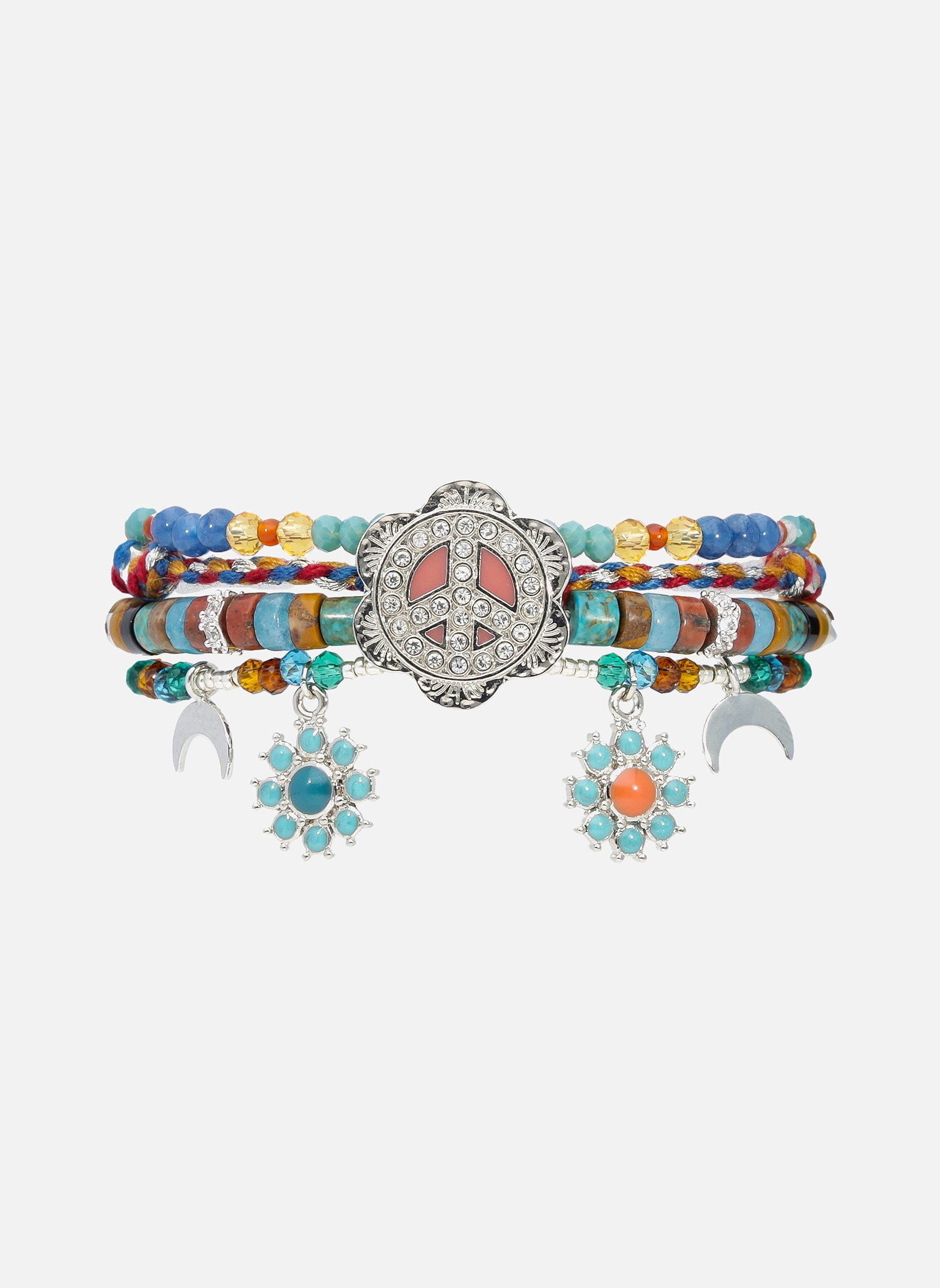 Bracelet manchette multiliens avec cabochon central, pampilles et perles siempre HIPANEMA Argent