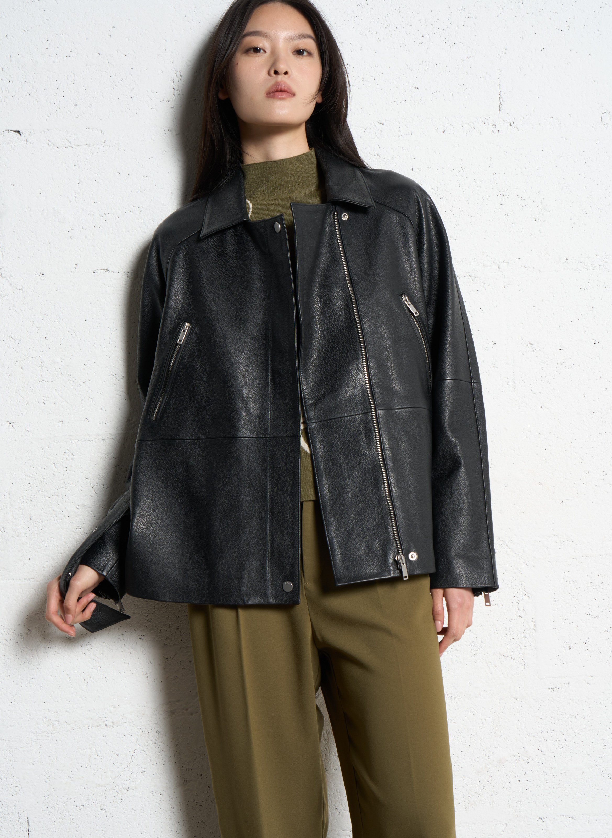 Blouson col tailleur en cuir IKKS Noir