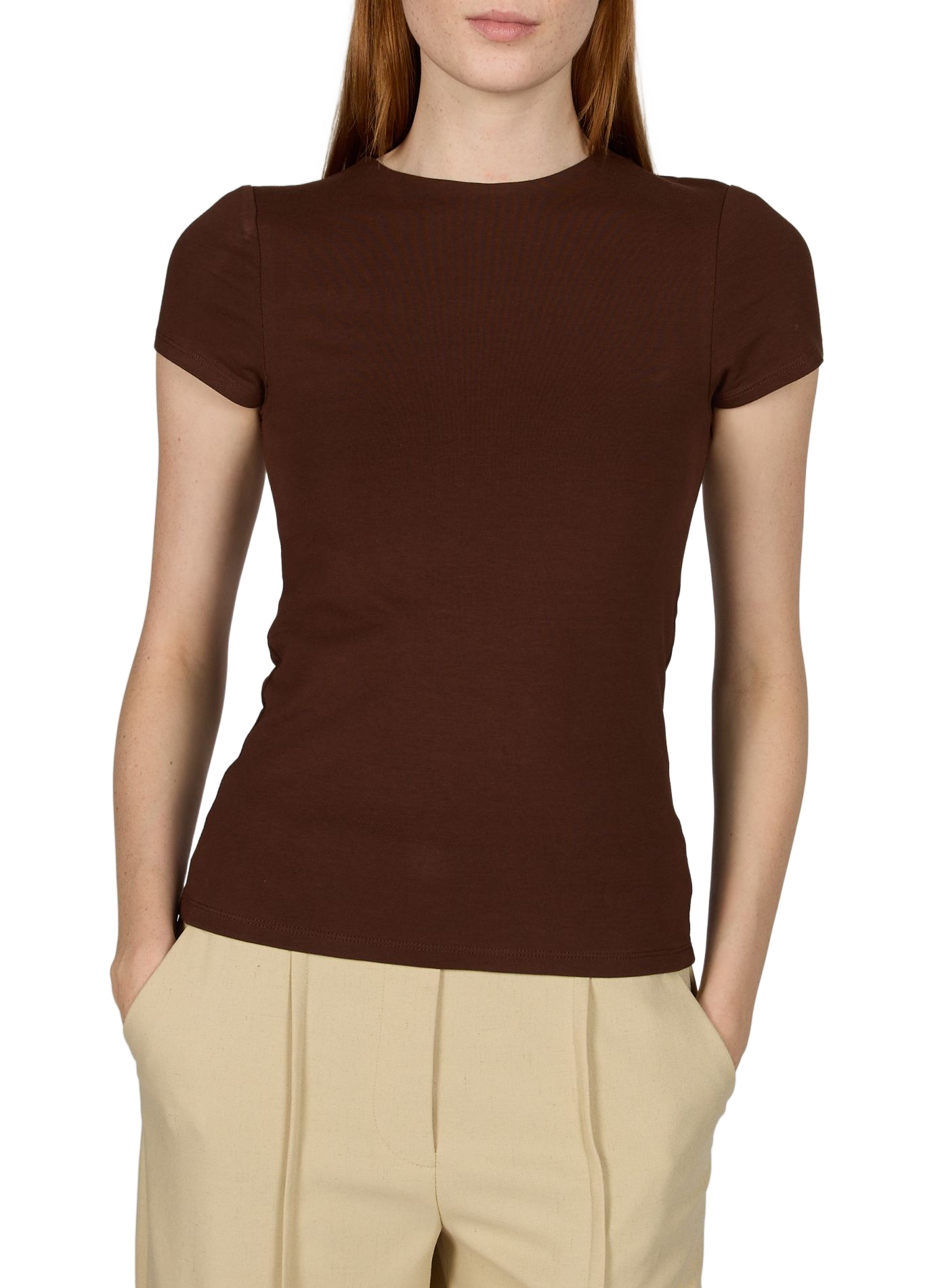 Round neck top in blended cotton TOPSHOP Brown