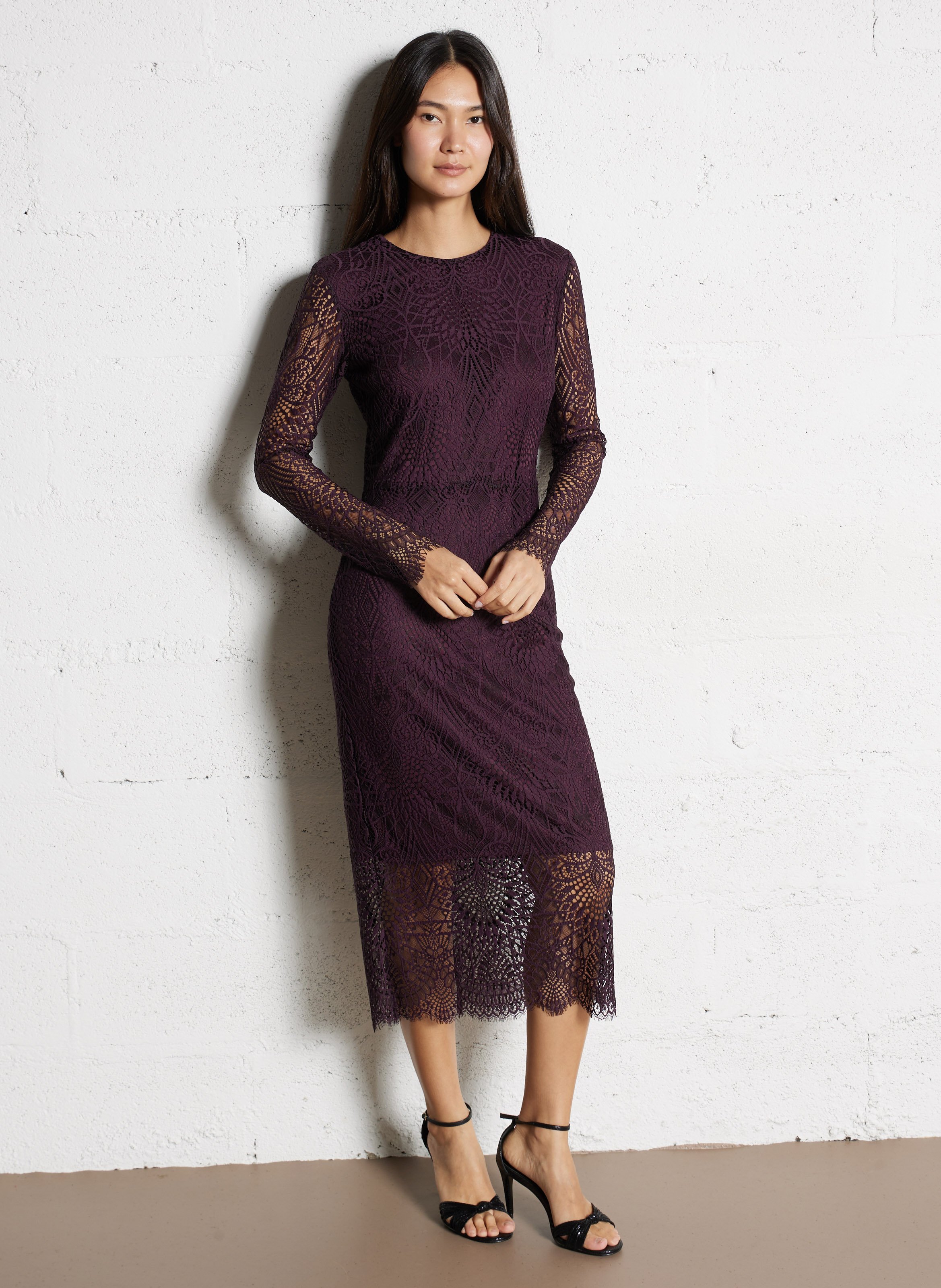 Robe longue col rond en dentelle IKKS Violet