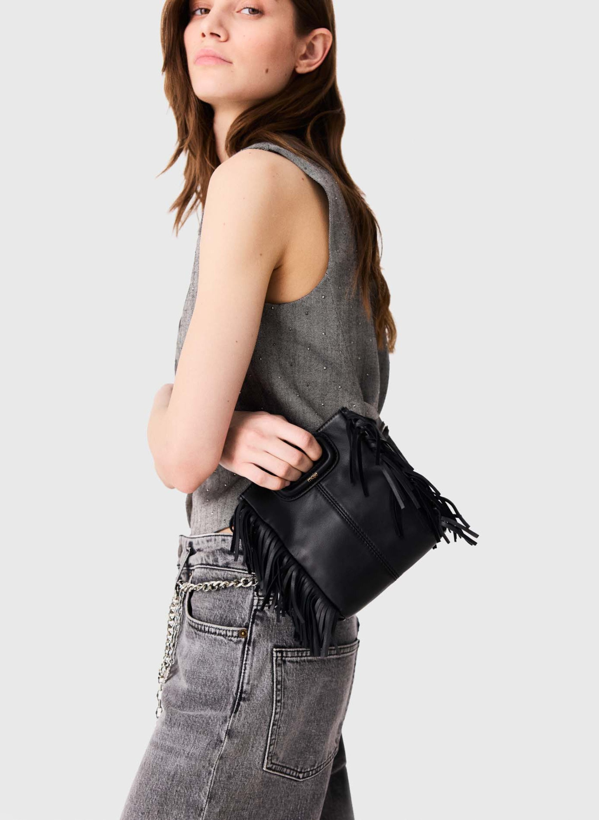 Petit sac bandoulière à franges en cuir m mini MAJE Noir