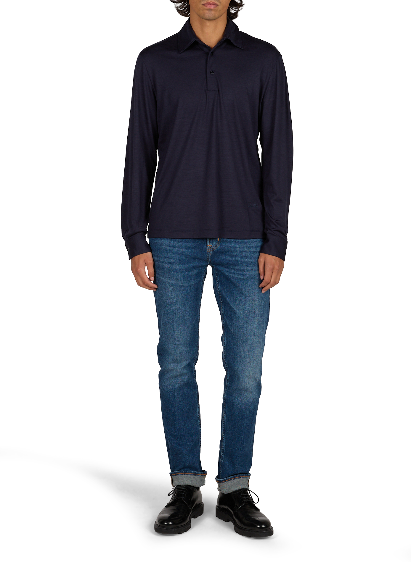 Feine einfarbige Woll-Polohemd HERNO Blau