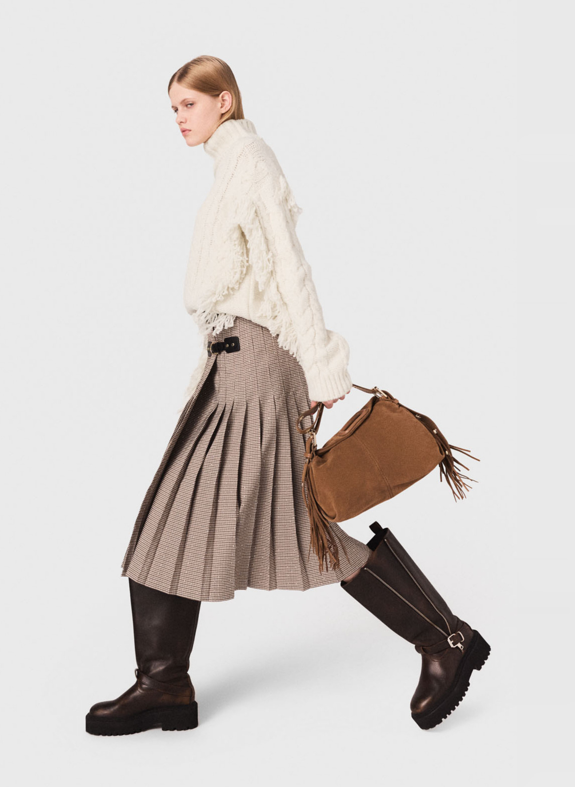 Jupe midi évasée plissée MAJE Marron