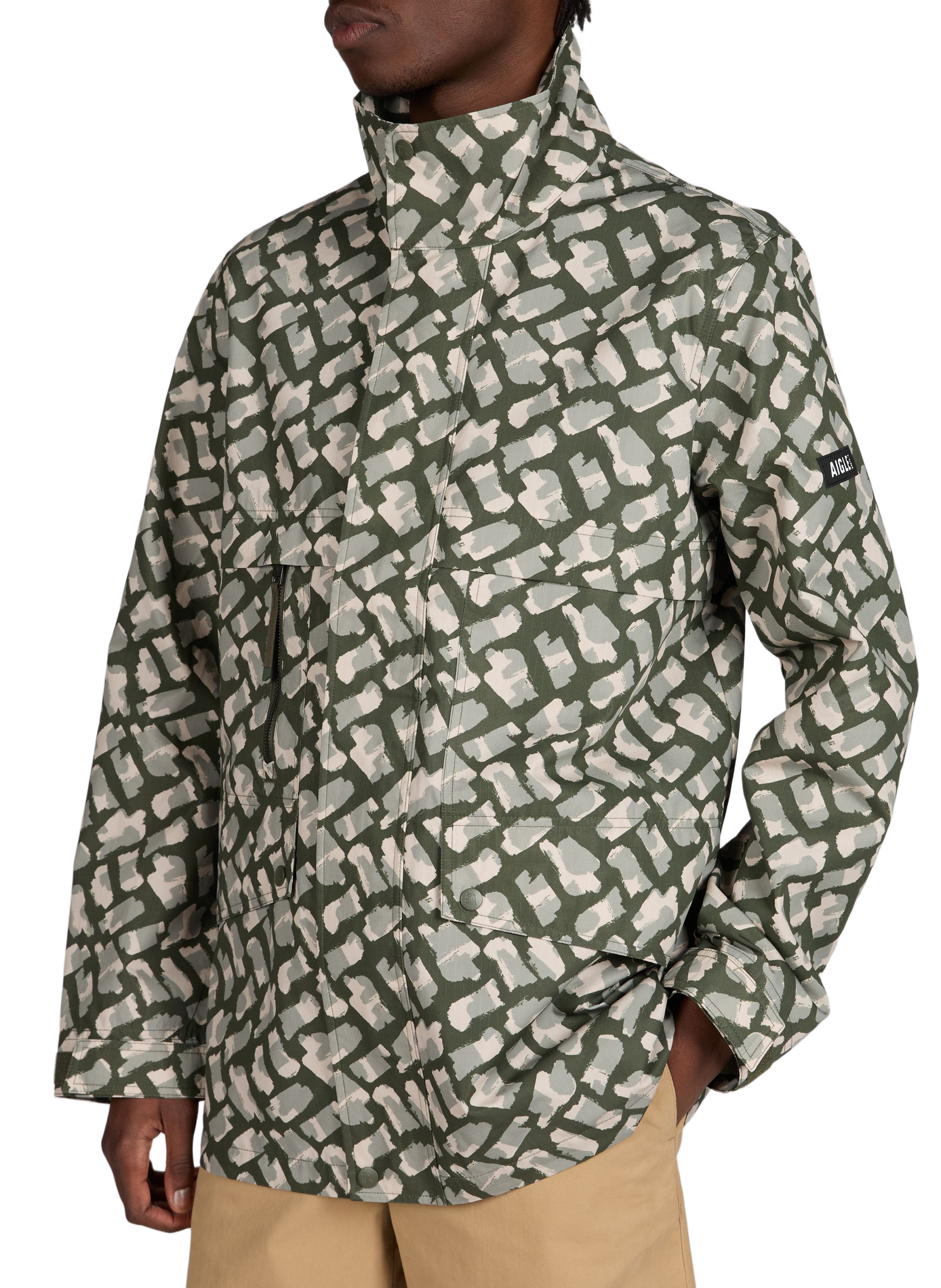 Printed parka with high collar in blended cotton AIGLE Khaki