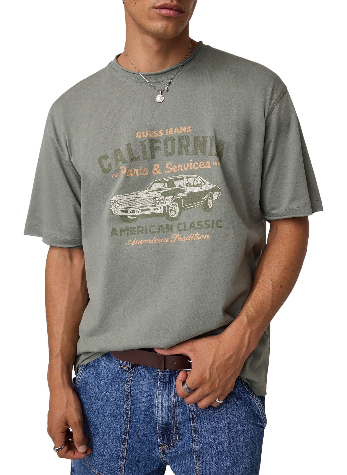 Straight fit round neck printed cotton T-shirt GUESS Green