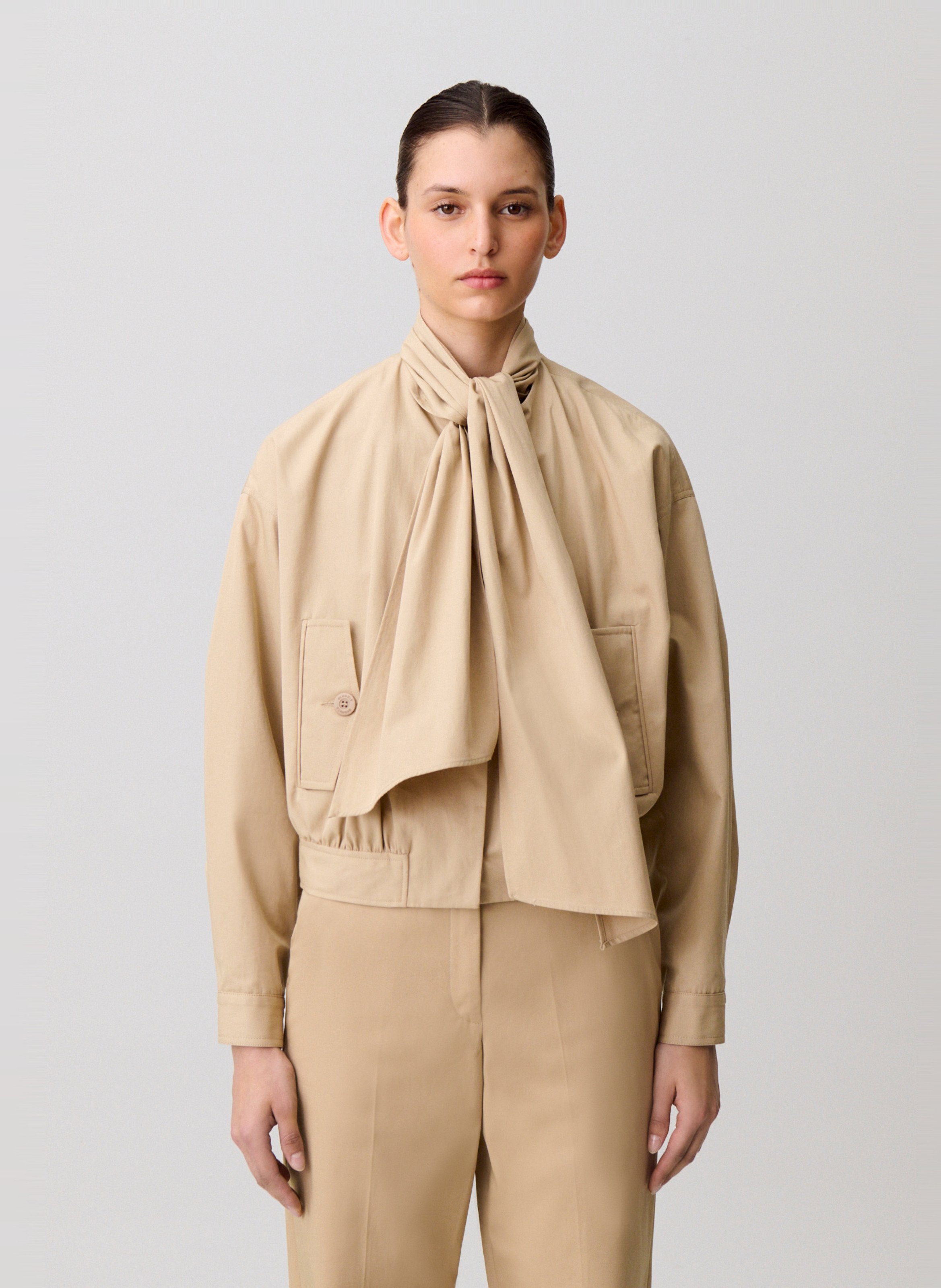 Veste col à nouer uni en coton CLAUDIE PIERLOT Beige