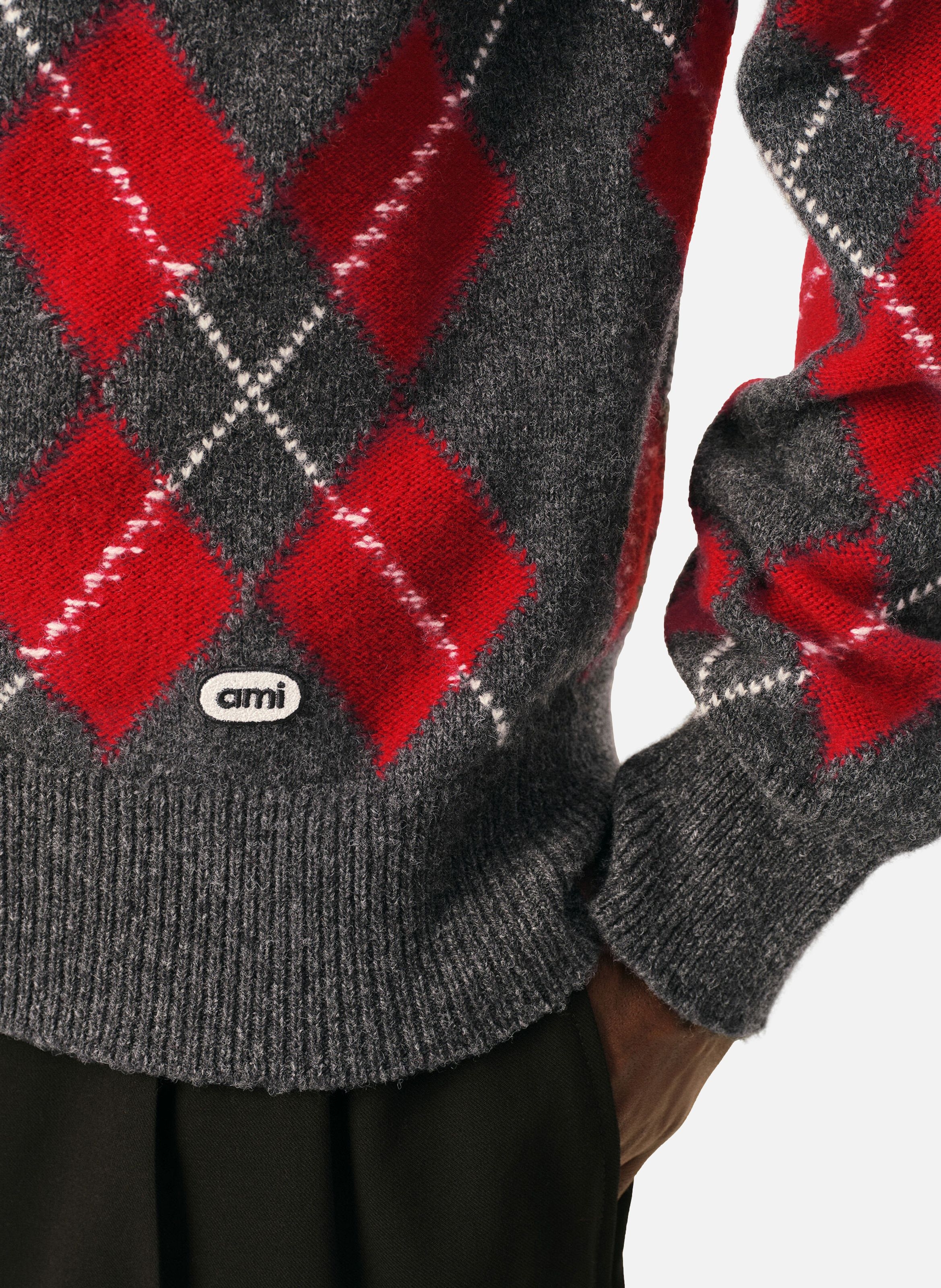 Cardigan motif argyle en laine AMI PARIS Gris