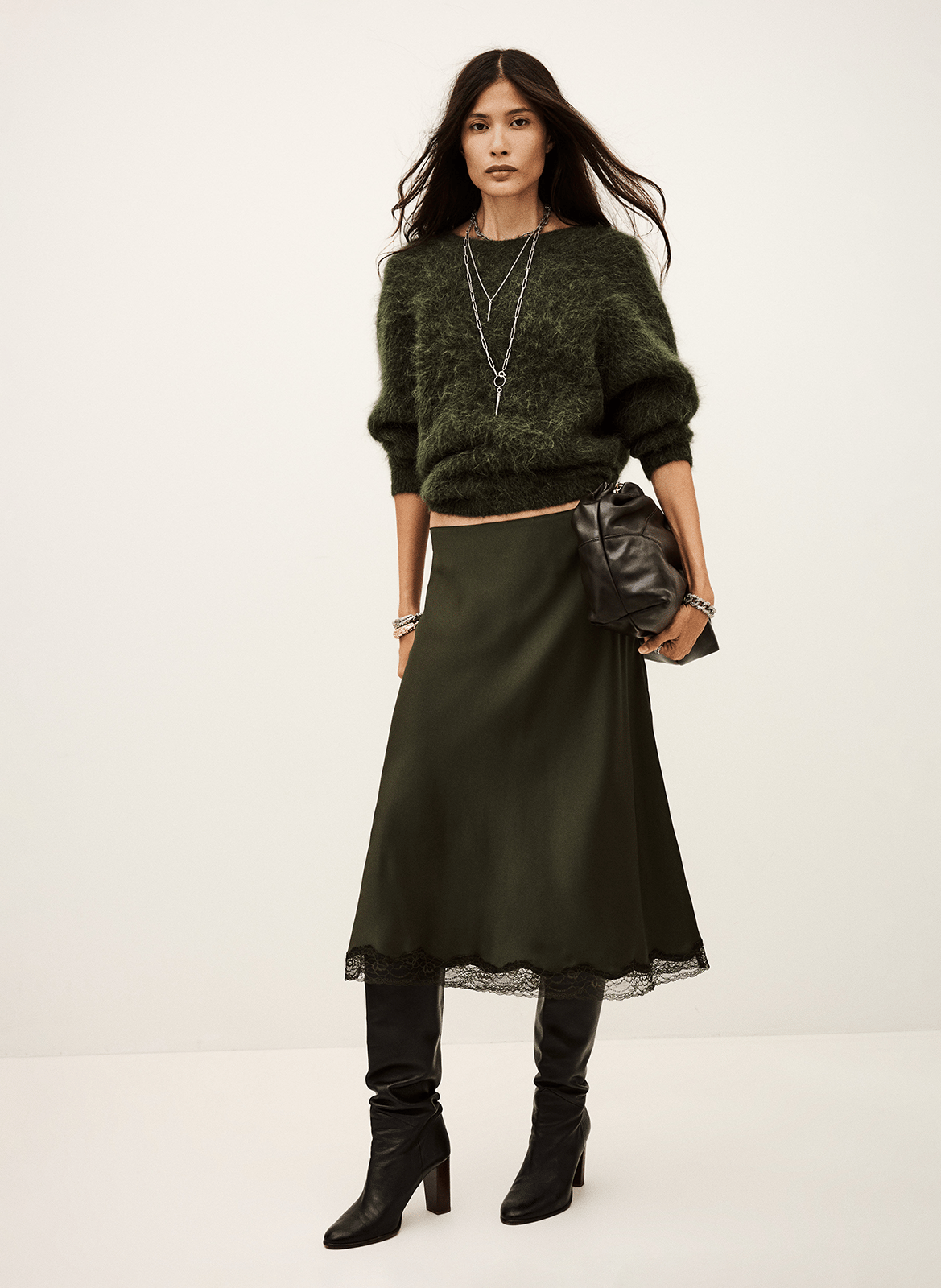 Jupe midi évasée satinée cyla BA&SH Kaki