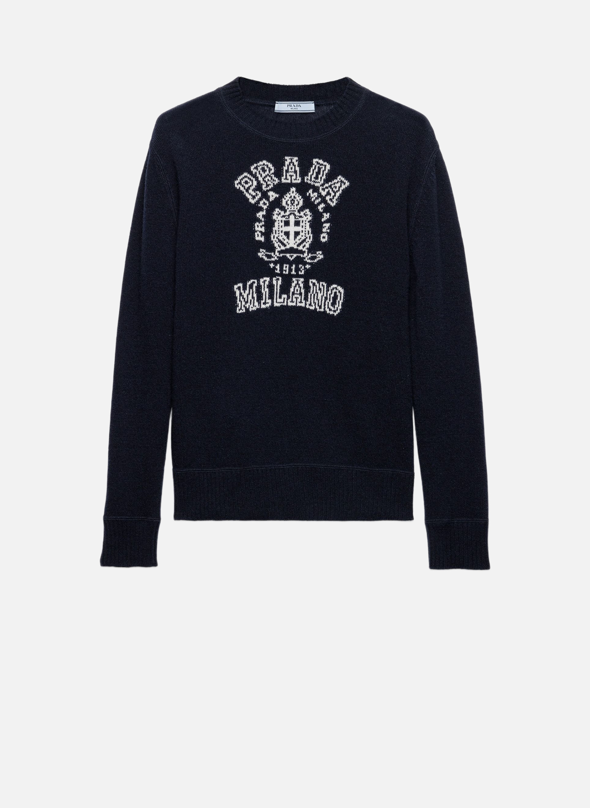 PRADA Pull intarsia en laine et cachemire Bleu