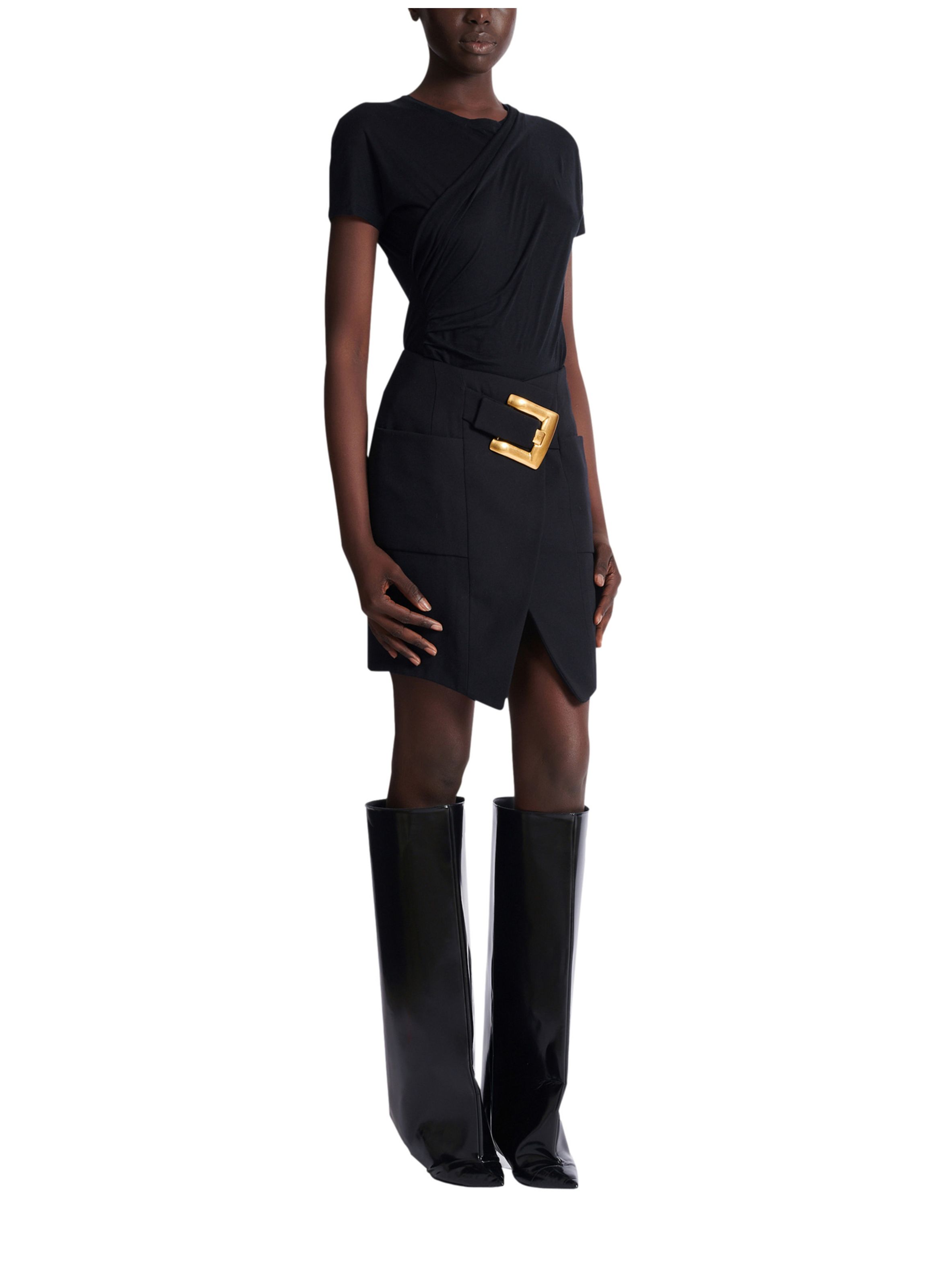 Jupe courte en grain de poudre avec ceinture BALMAIN Noir