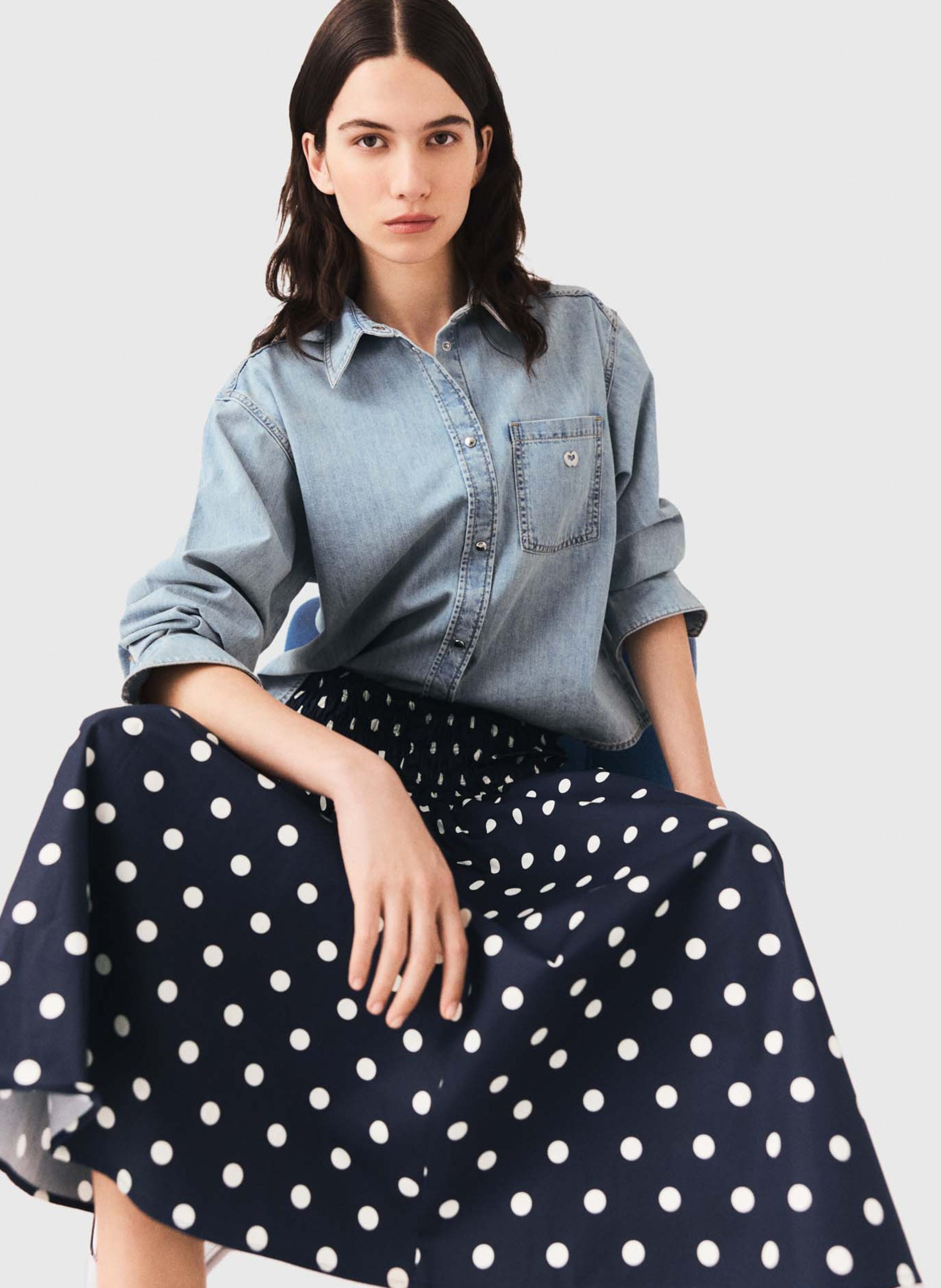 Jupe midi évasée en coton MAJE Bleu