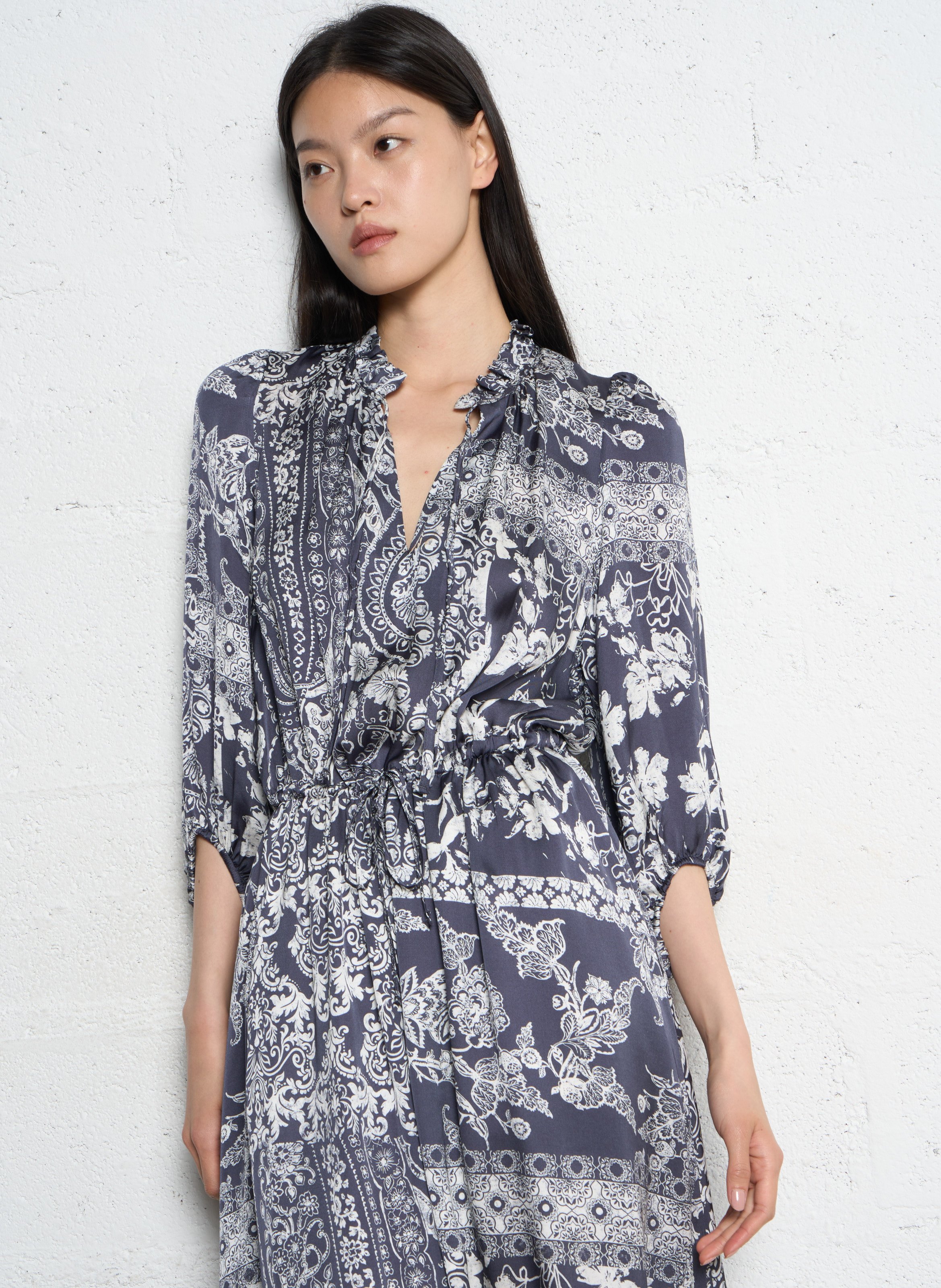 Robe longue col victorien à imprimé floral IKKS Bleu