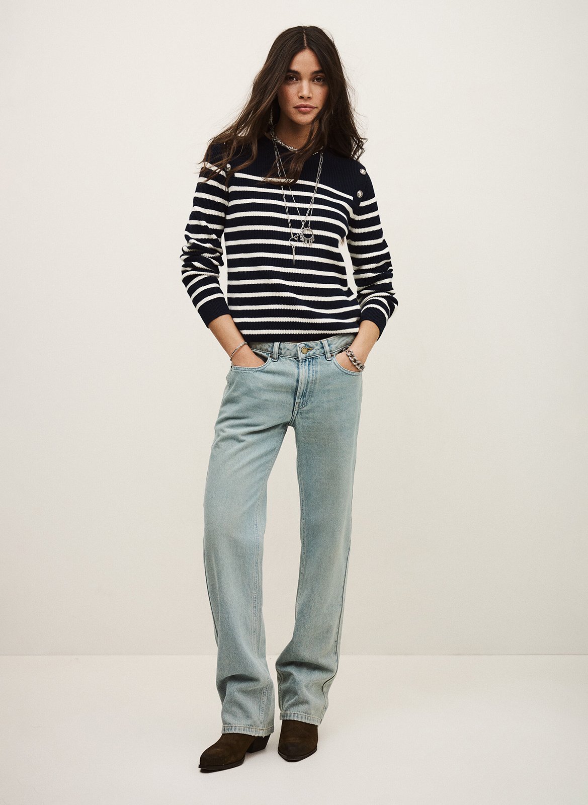 Pull droit col rond en coton et laine mélangé imprimé matio BA&SH Bleu